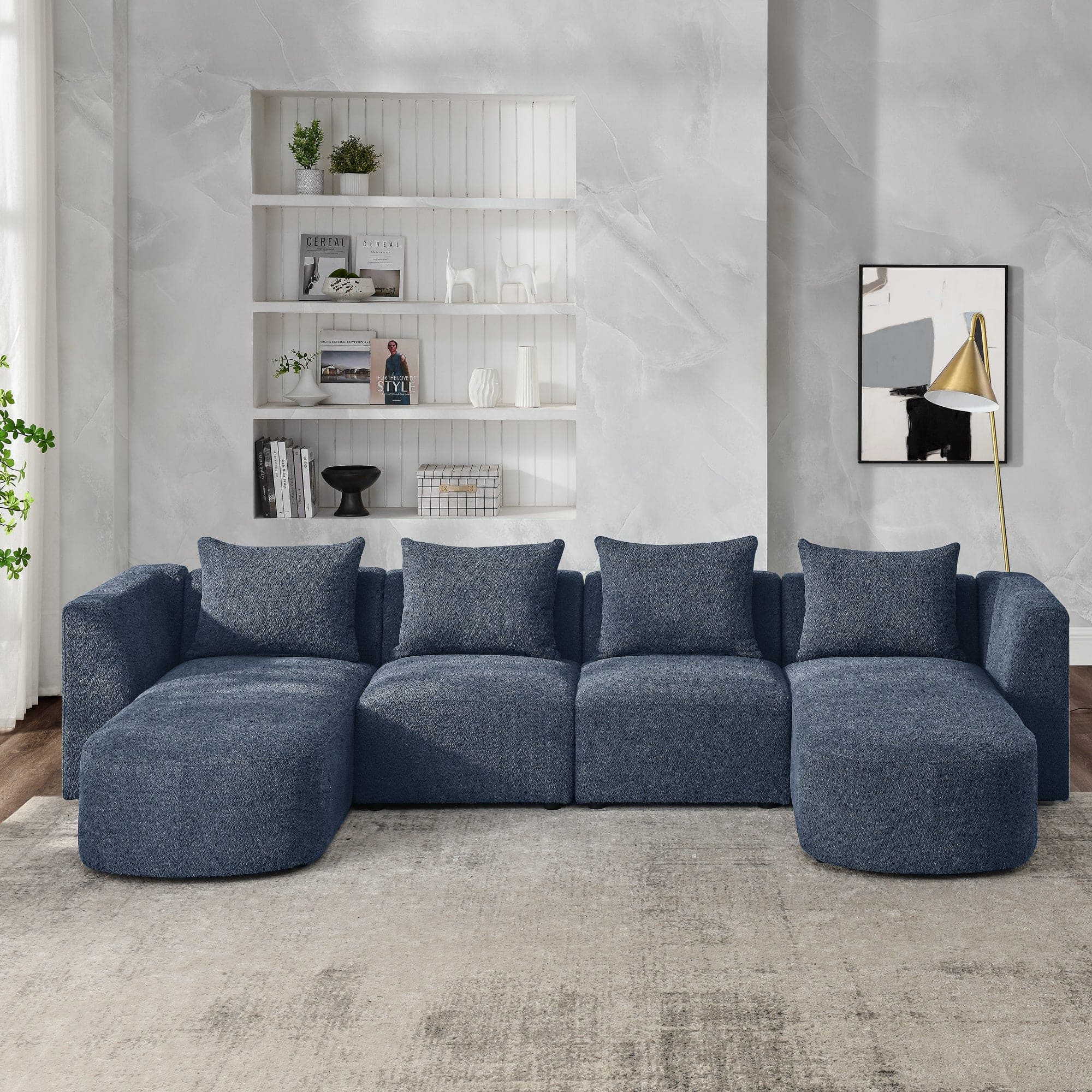 U Shape Sectional Sofa including Two Single Seats and Two Chaises, Modular Sofa, DIY Combination, Loop Yarn Fabric, Navy