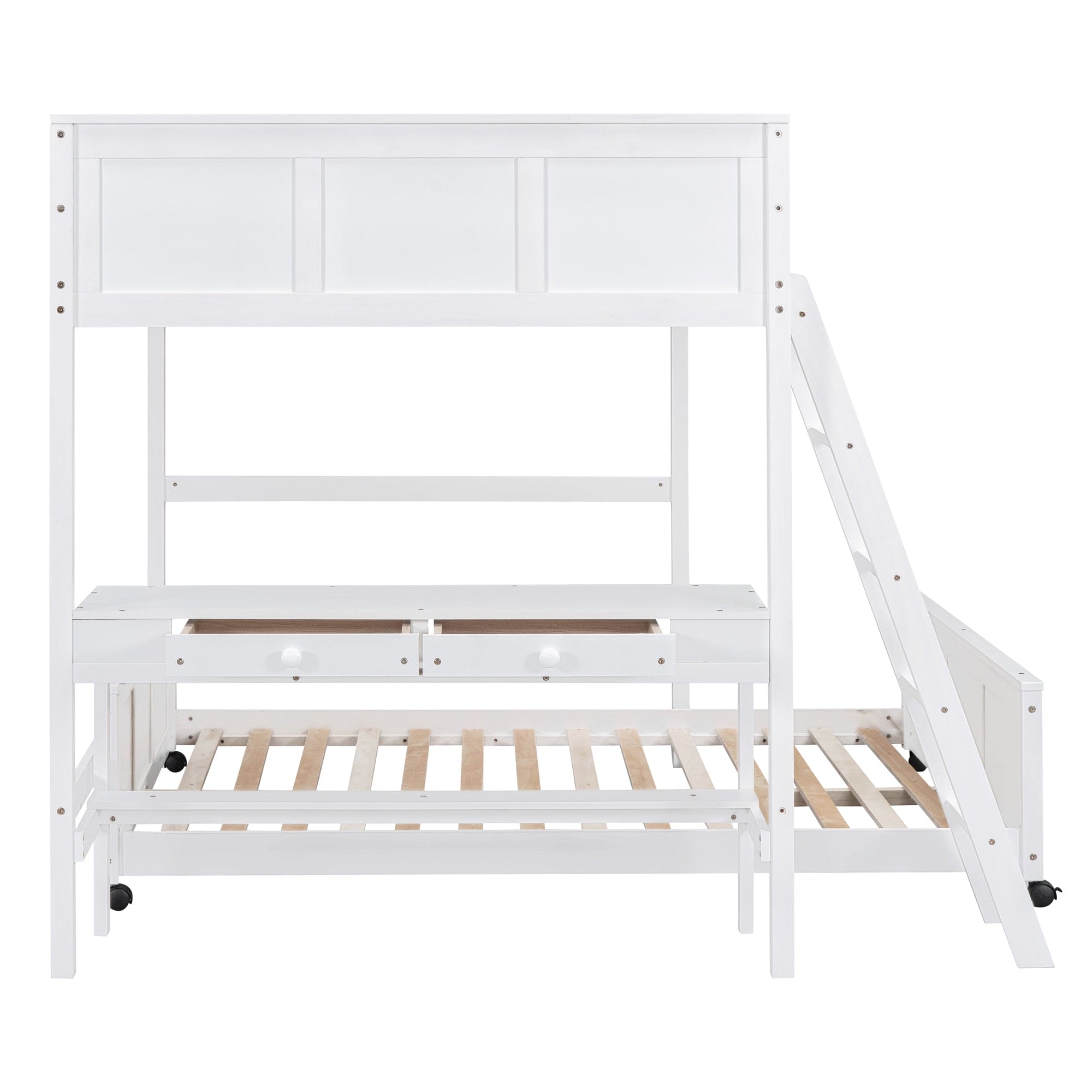 Full Over Full Bunk Bed with Desk, White