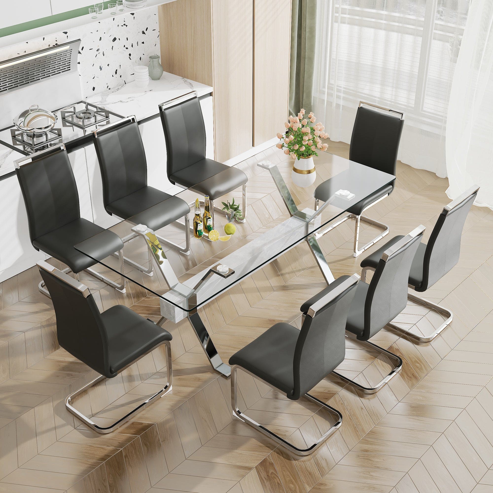 Dining table. Modern tempered glass dining table. Large modern office desk with silver plated metal legs and MDF crossbars, suitable for both home and office use. Kitchen. 79 ''x39''x30 '' 1105