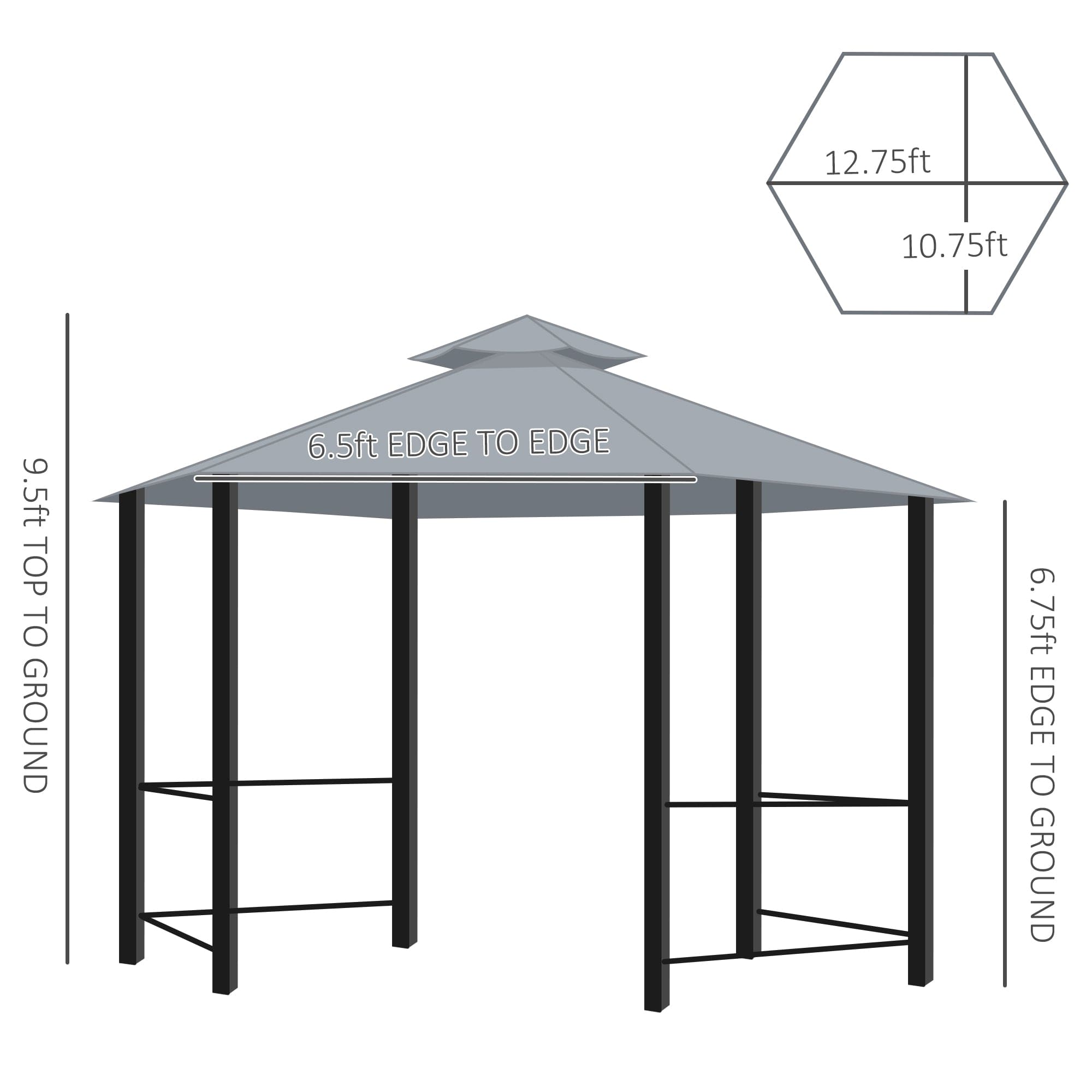 13' x 13' Patio Gazebo, Double Roof Hexagon Outdoor Gazebo Canopy Shelterwith Netting & Curtains, Solid Steel Frame for Garden, Lawn, Backyard and Deck, Grey