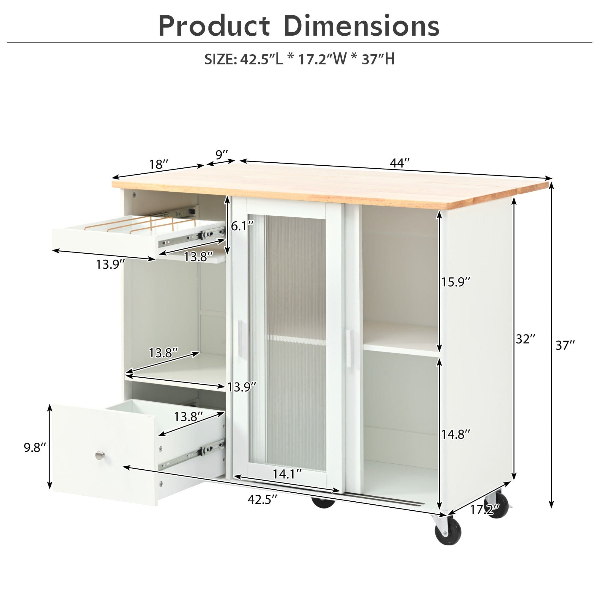 Kitchen Island with Drop Leaf, LED Light Kitchen Cart on Wheels with 2 Fluted Glass Doors and 1 Flip Cabinet Door, Large Kitchen Island Cart with an Adjustable Shelf and 2 Drawers (White)