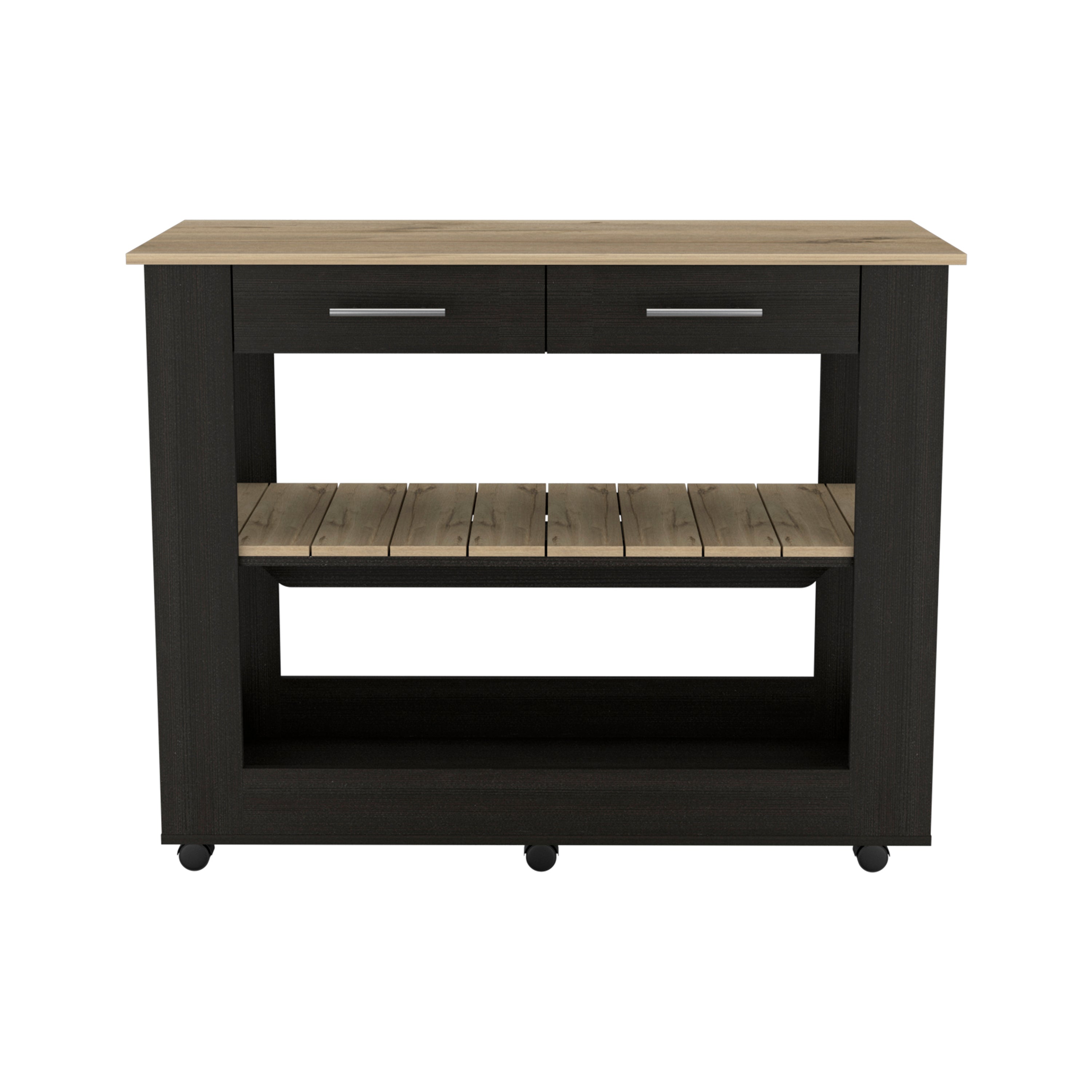 Cala Kitchen Island 46,  Six Casters, Two Drawers, Lower Open Shelf  -Black / Light Oak