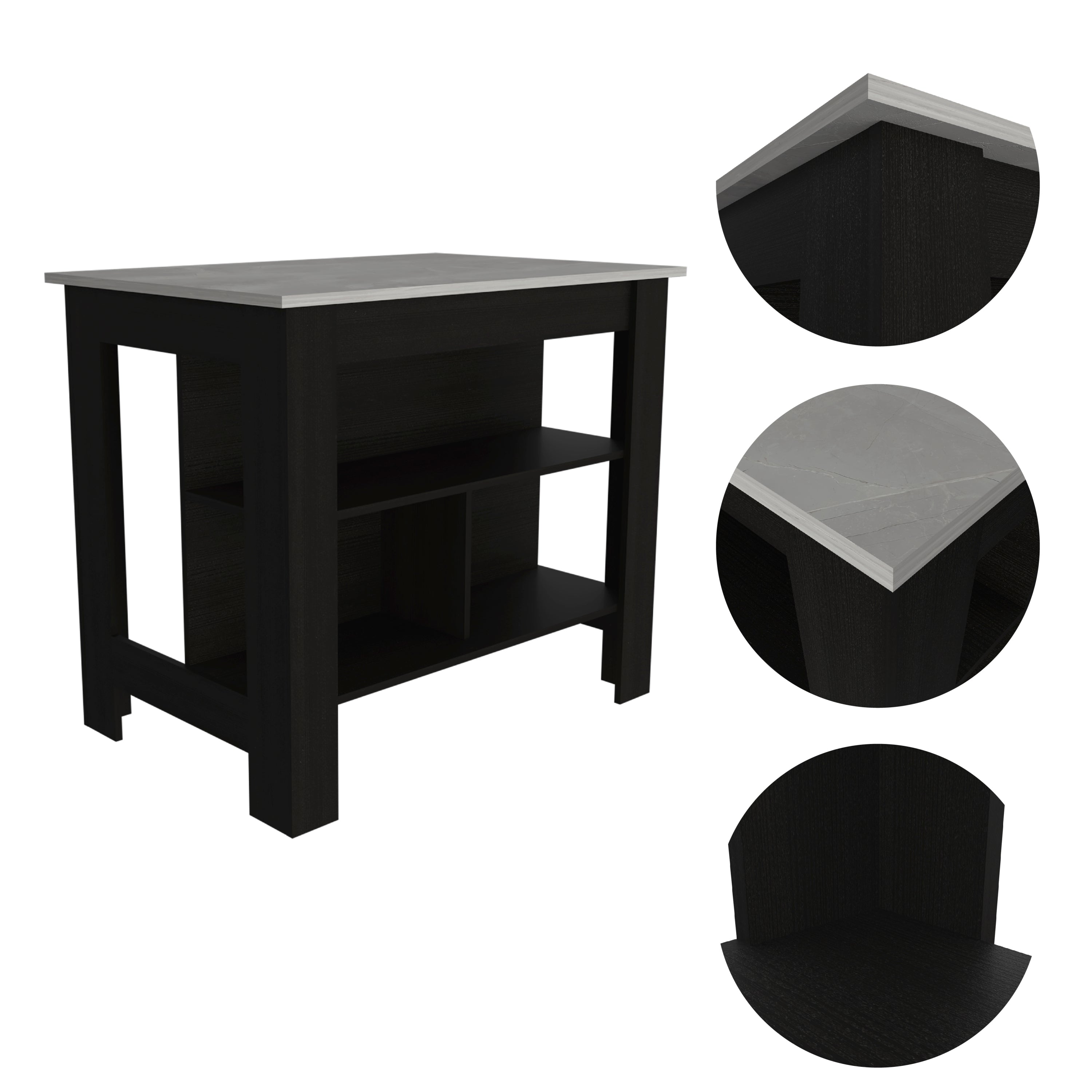 Cala Kitchen Island, Four Legs, Three Shelves  -Black / Ibiza Marble