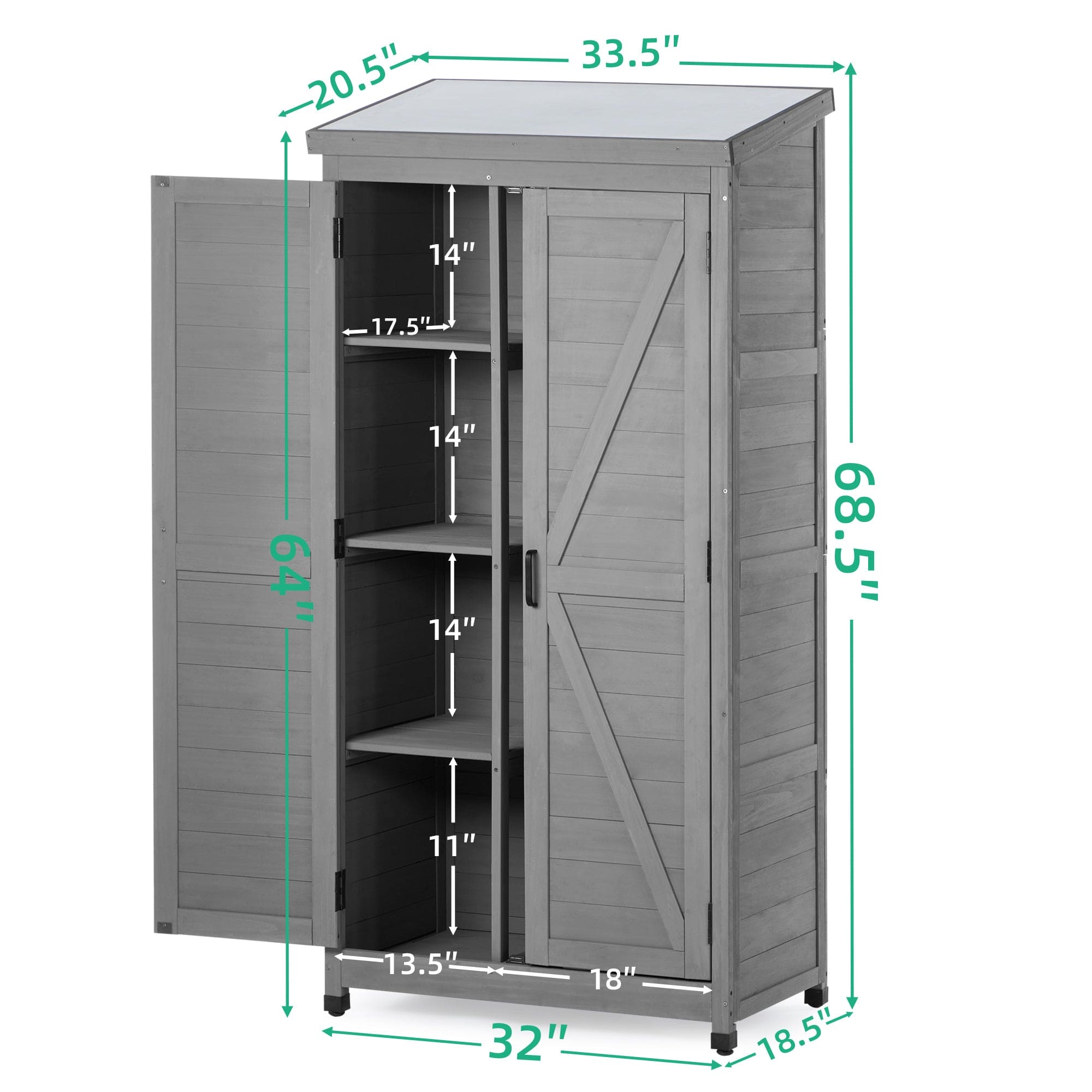 Outdoor Potting Bench with Storage Cabinet and Metal Top,Garden Storage Shed,Outdoor 68 Inches Wood Tall Shed for Yard and Patio