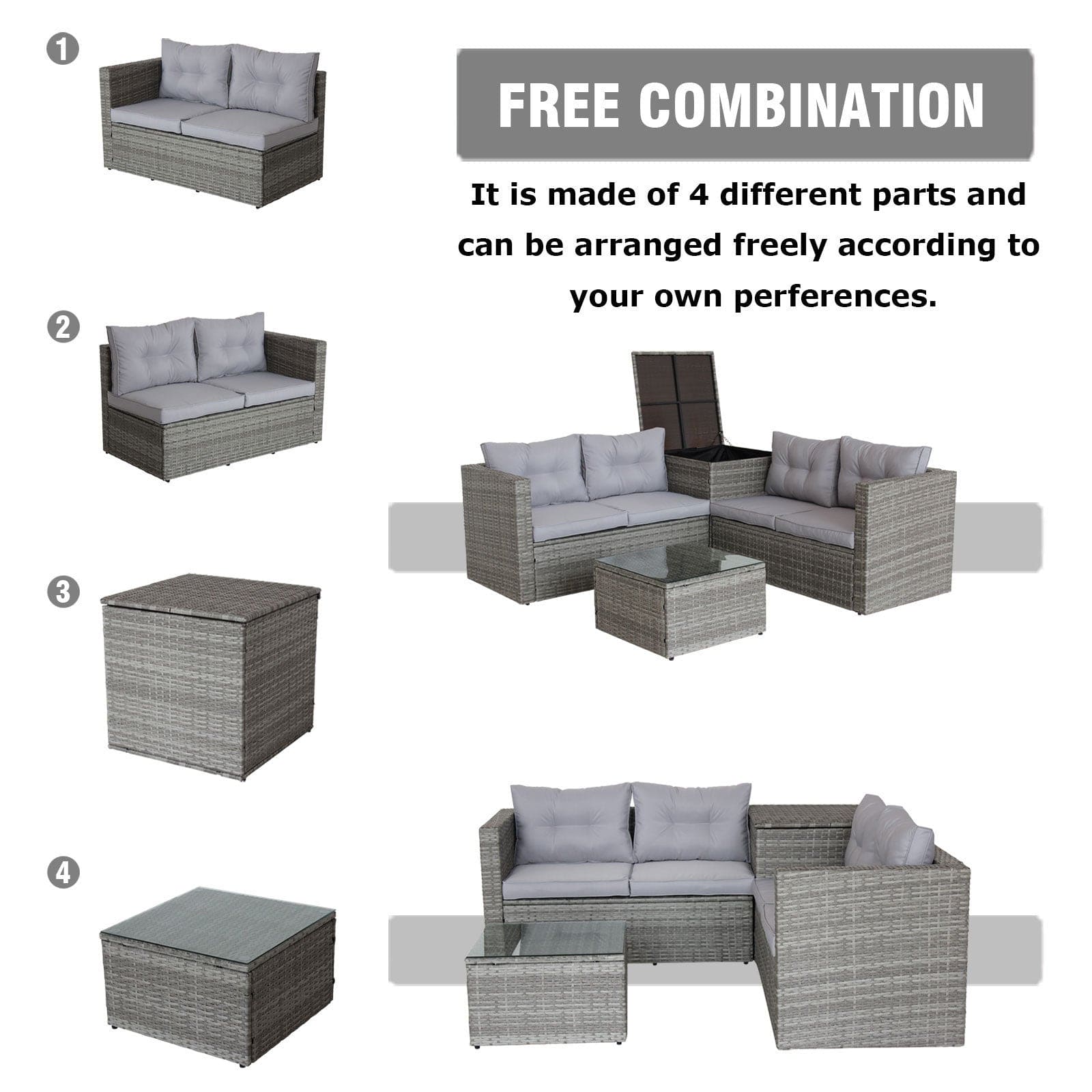 4 Piece Patio Sectional Wicker Rattan Outdoor Furniture Sofa Set with Storage Box Grey