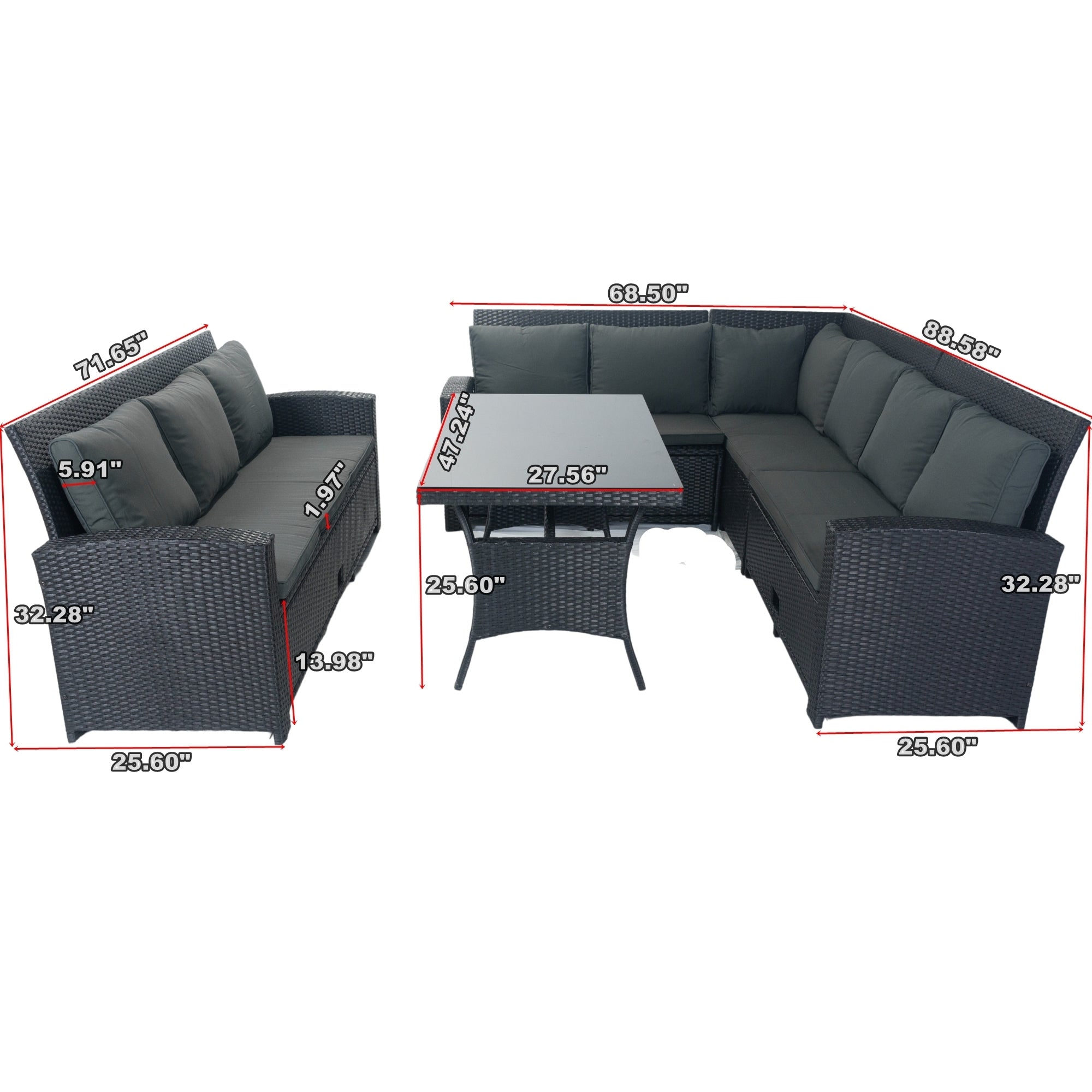 5 Piece Patio wicker Outdoor Sectional Set 9 Seater Conversation Set with 3 Storage Under Seat Black Wicker + Dark Grey Cushion