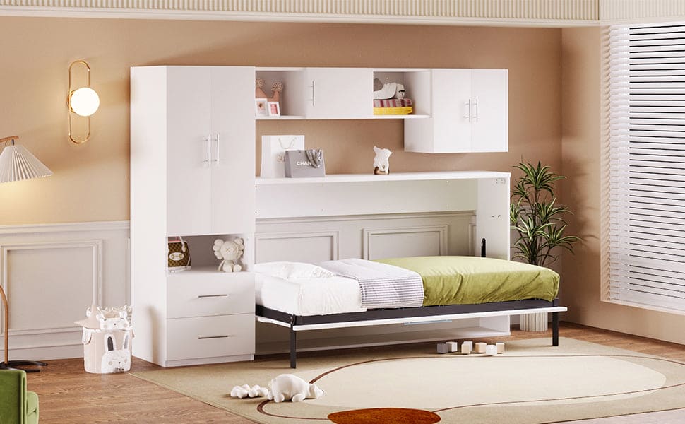 Twin Size Murphy Bed with Open Shelves and Storage Drawers,Built-in Wardrobe and Table, White