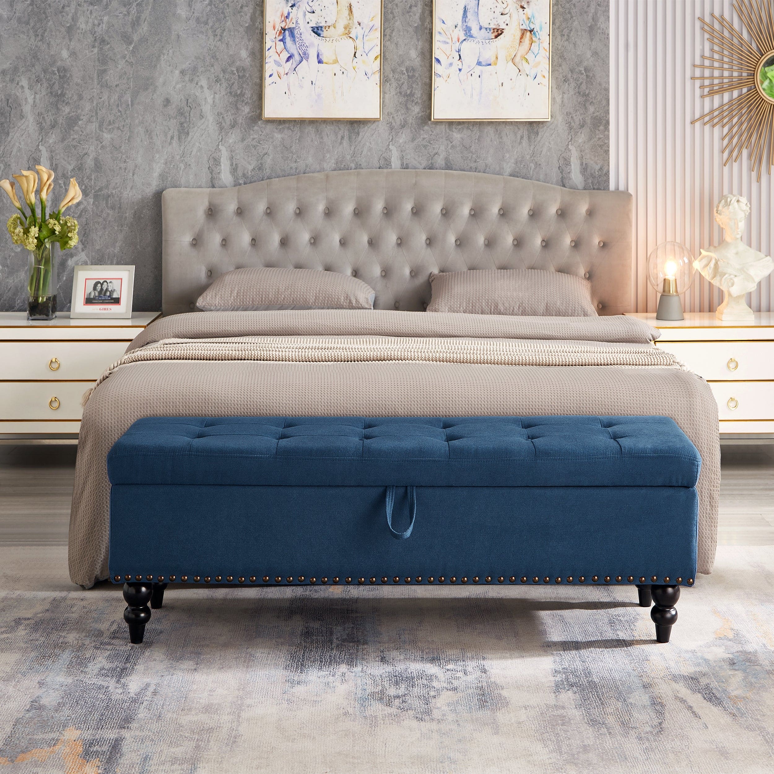 59" Bed Bench with Storage  Blue Fabric