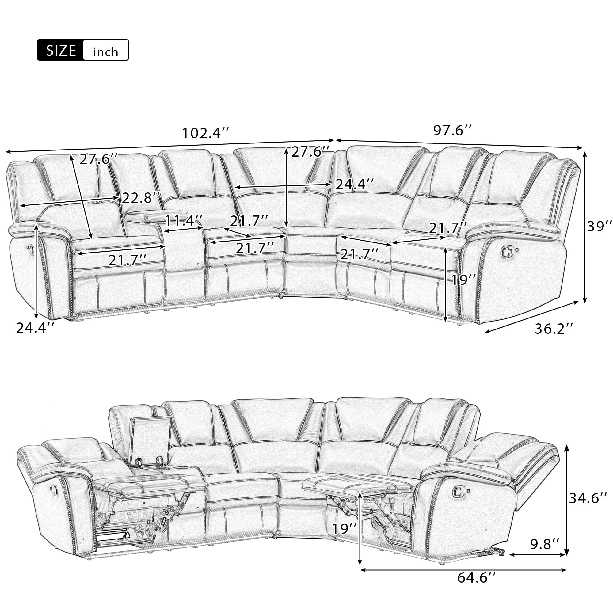 Modern Faux Leather Manual Reclining with Center Console and LED Light Strip,Living Room Furniture Set,PU Symmetrical Couch with 2 Cup Holders and Storage for Living room,Brown