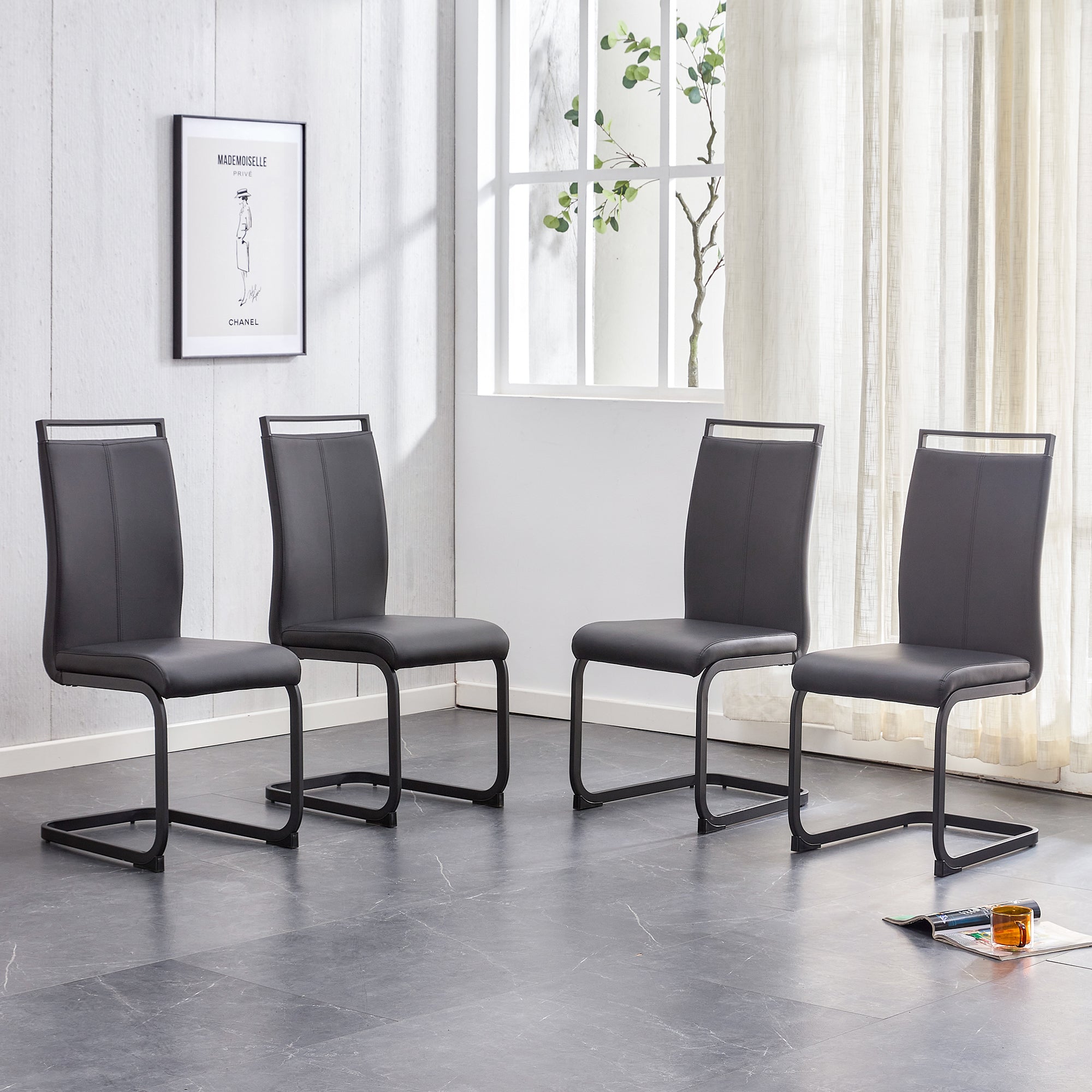 A table and six chairs. The table features a black imitation marble pattern tabletop and black gold MDF legs. The chair has a black PU backrest cushion and black metal legs. F-SQ  C-1162