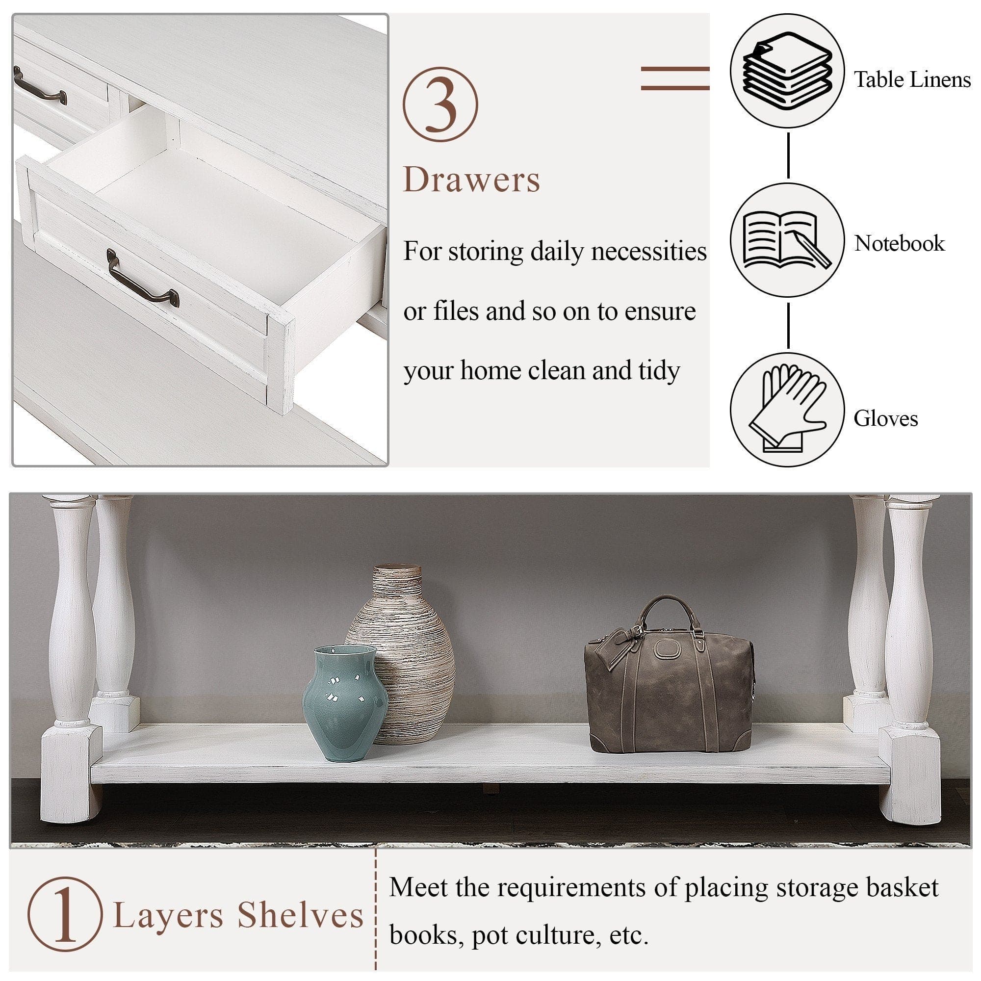 63inch Long Wood Console Table with 3 Drawers and 1 Bottom Shelf for Entryway Hallway Easy Assembly Extra-thick Sofa Table (Antique White)