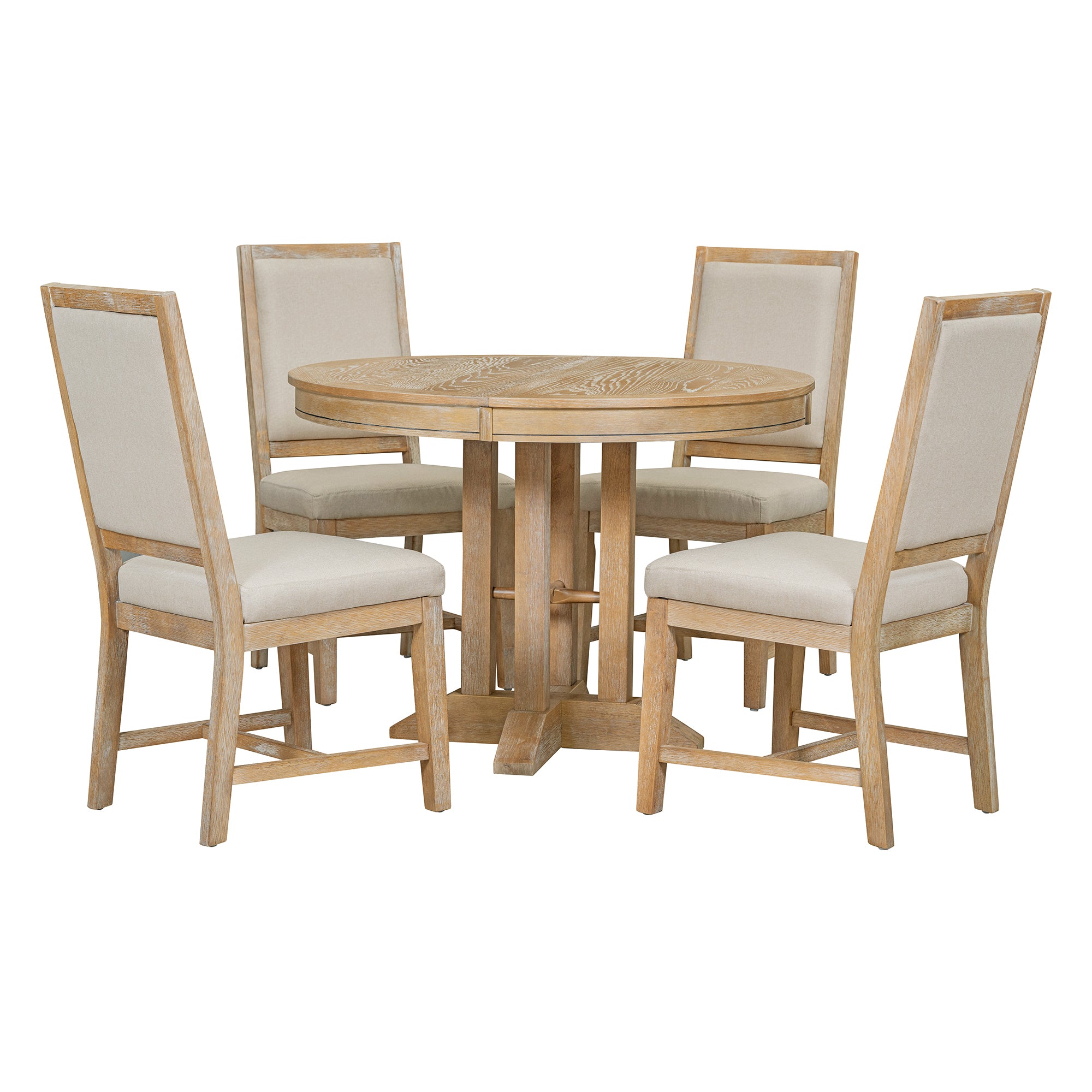 TREXM 5-Piece Dining Set Extendable Round Table and 4 Upholstered Chairs Farmhouse Dining Set for Kitchen, Dining Room(Natural Wood Wash)