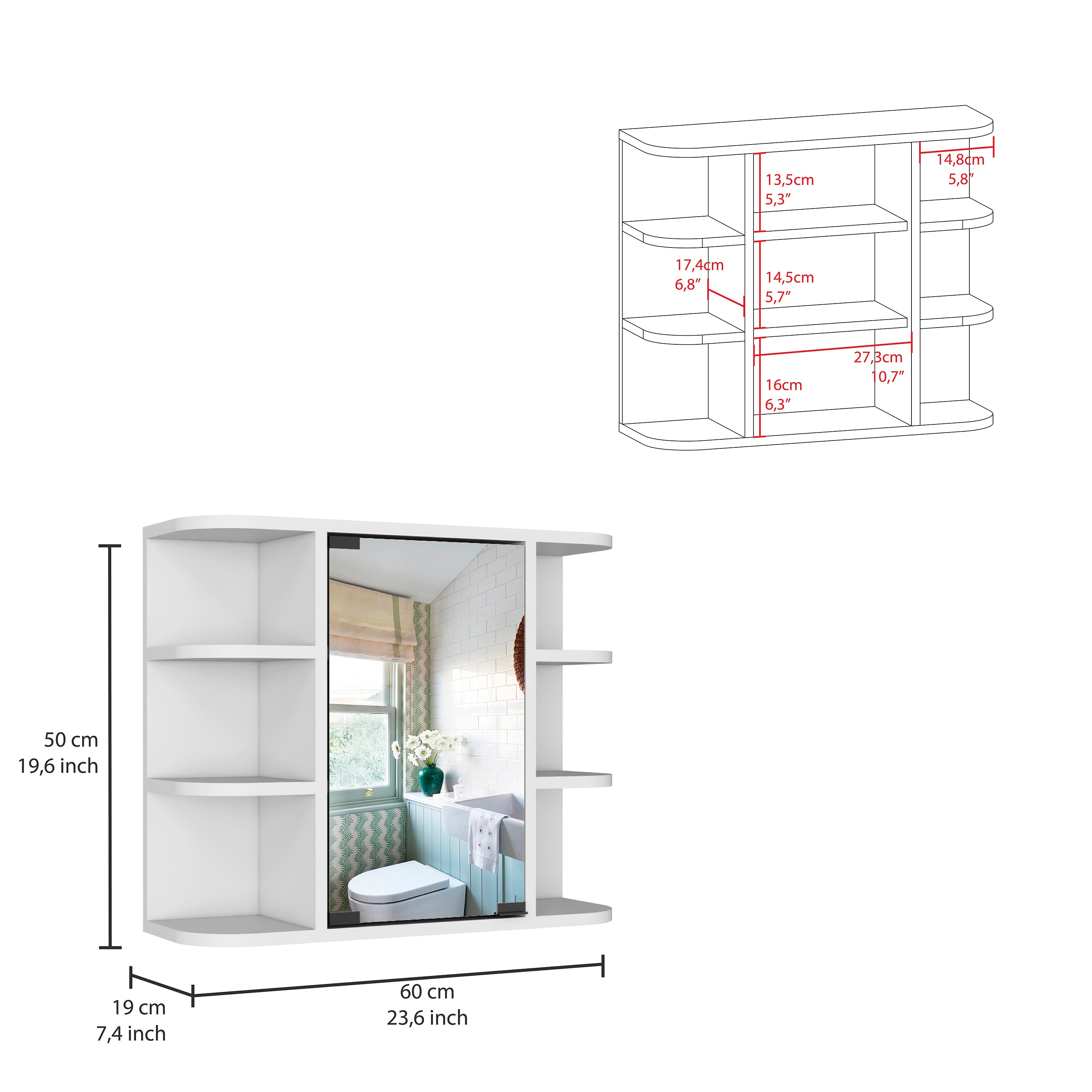 Medicine Cabinet Milano, Six External Shelves Mirror, White Finish