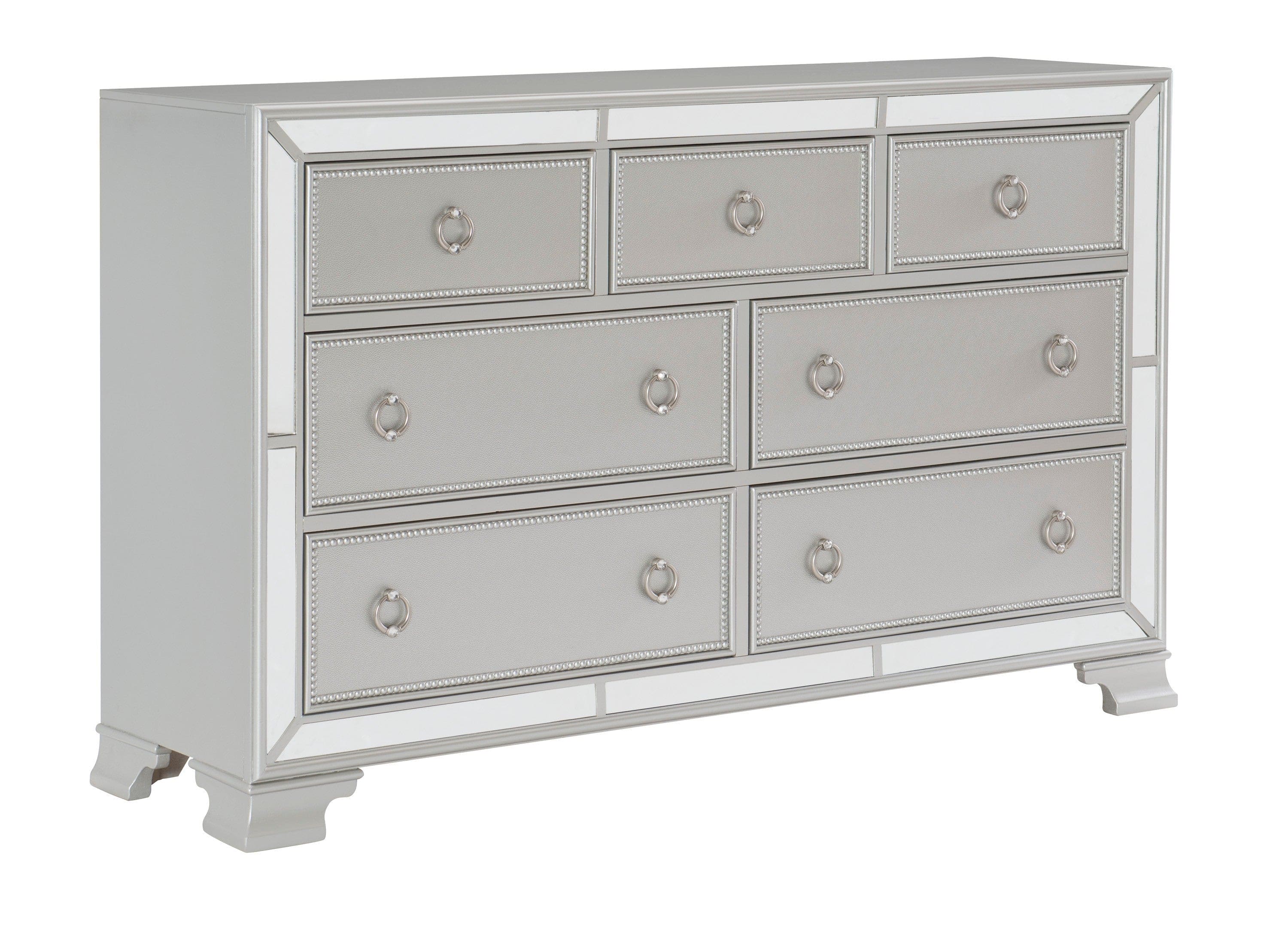 Glamorous Silver Finish Dresser 1pc 7 Drawers Beveled Mirror Trim Modern Bedroom Furniture