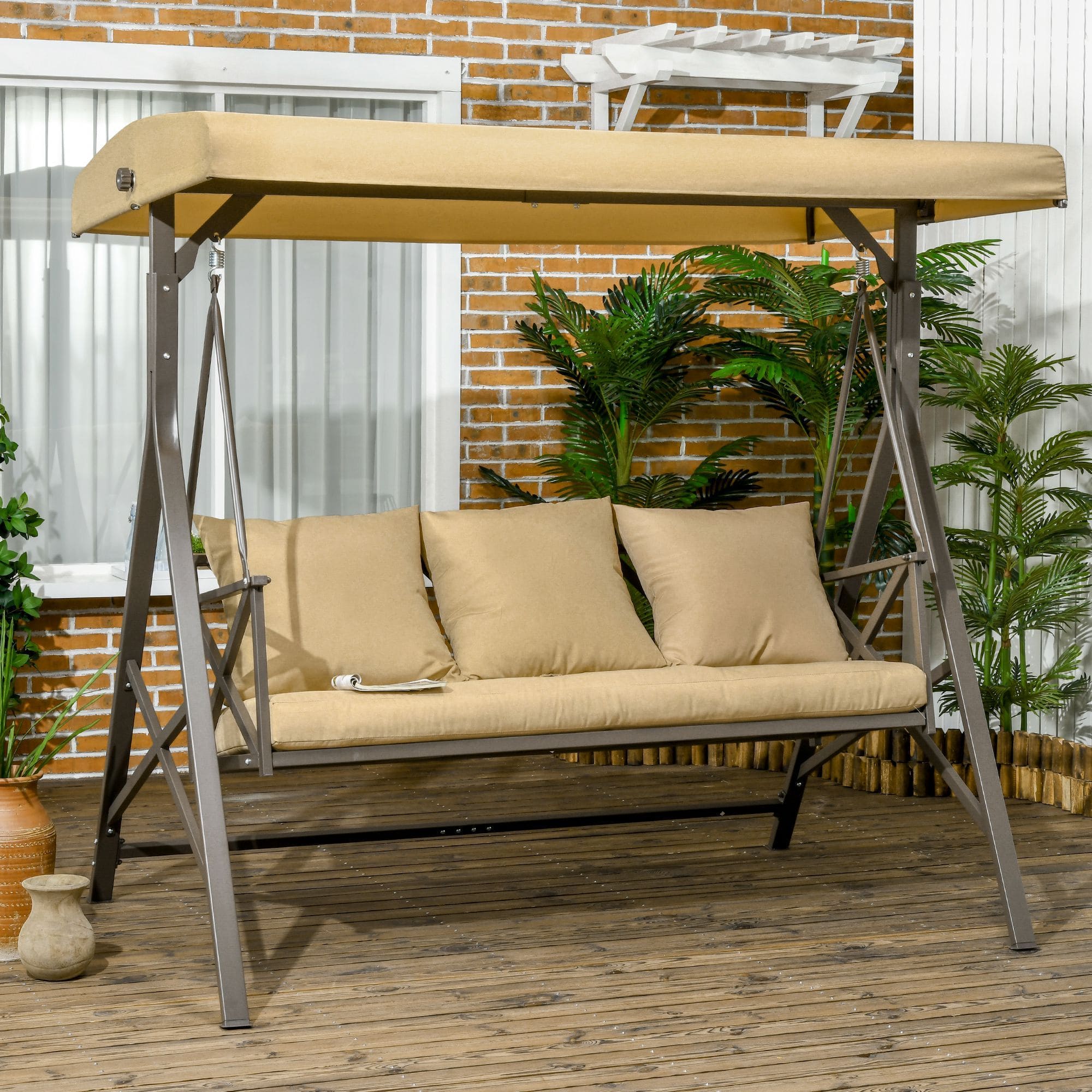 Outsunny 3-Seat Patio Swing Chair, Porch Swing Glider with Cushion, 3 Throw Pillows & Adjustable Canopy for Porch, Garden, Poolside, Backyard, Khaki