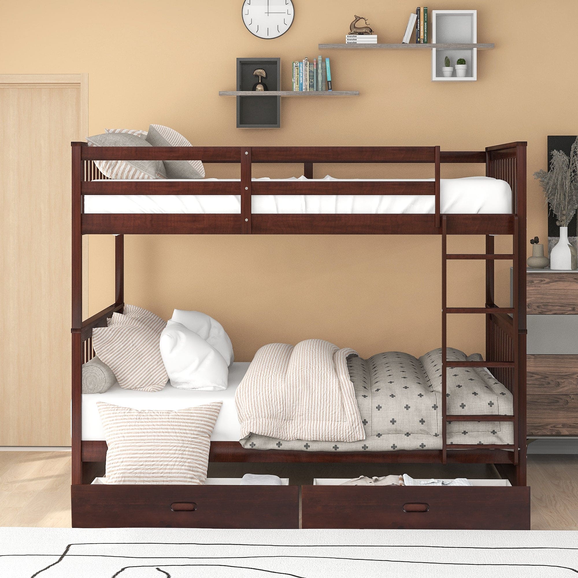 Full-Over-Full Bunk Bed with Ladders and Two Storage Drawers (Espresso)(OLD SKU:LT000365AAP)