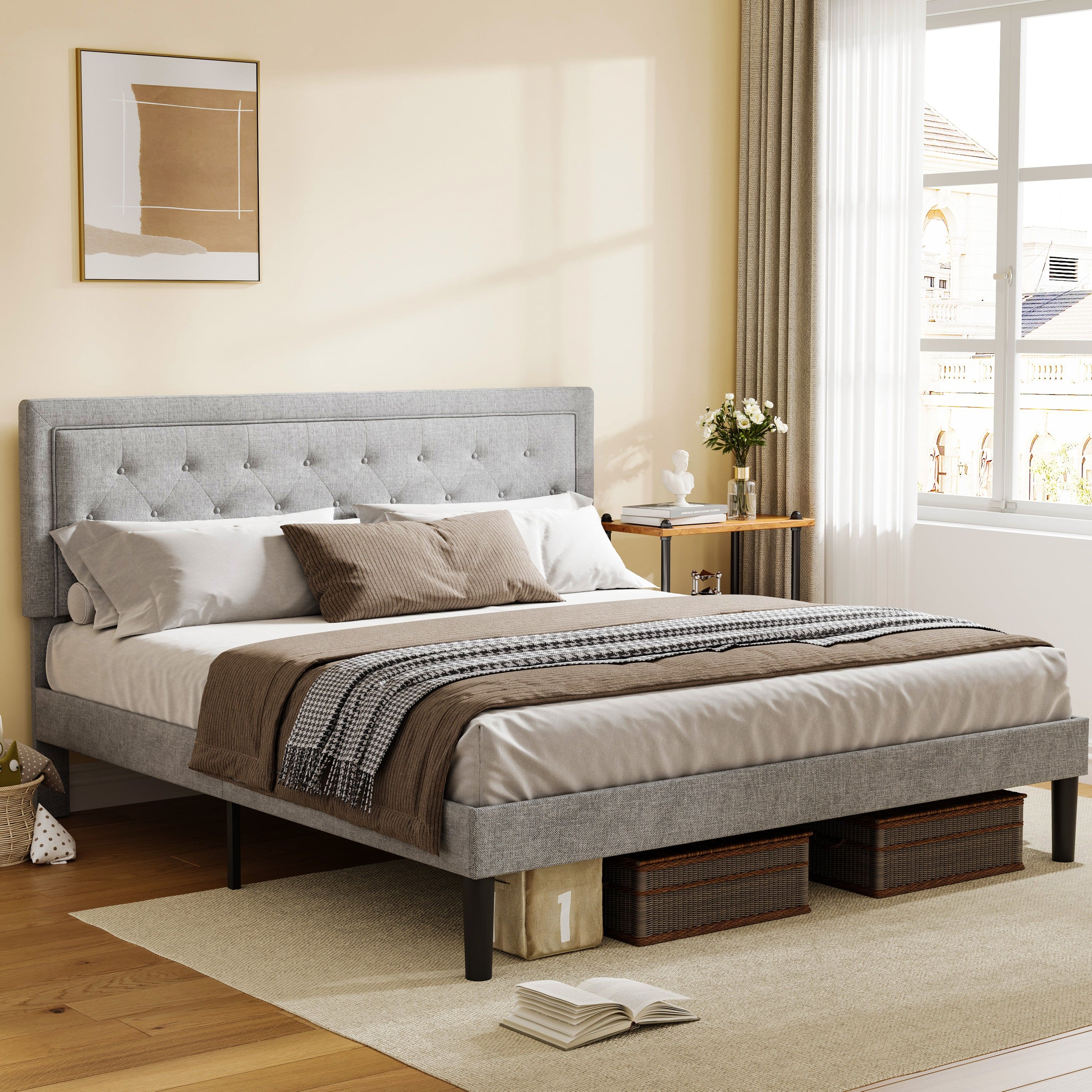 Light Grey Bed Frame with Adjustable Border Headboard Queen Size