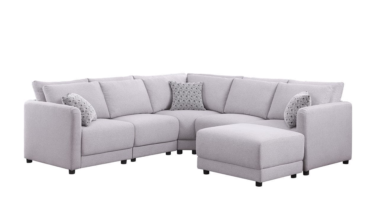 Penelope Light Gray Linen Fabric Reversible L-Shape Sectional Sofa with Ottoman and Pillows