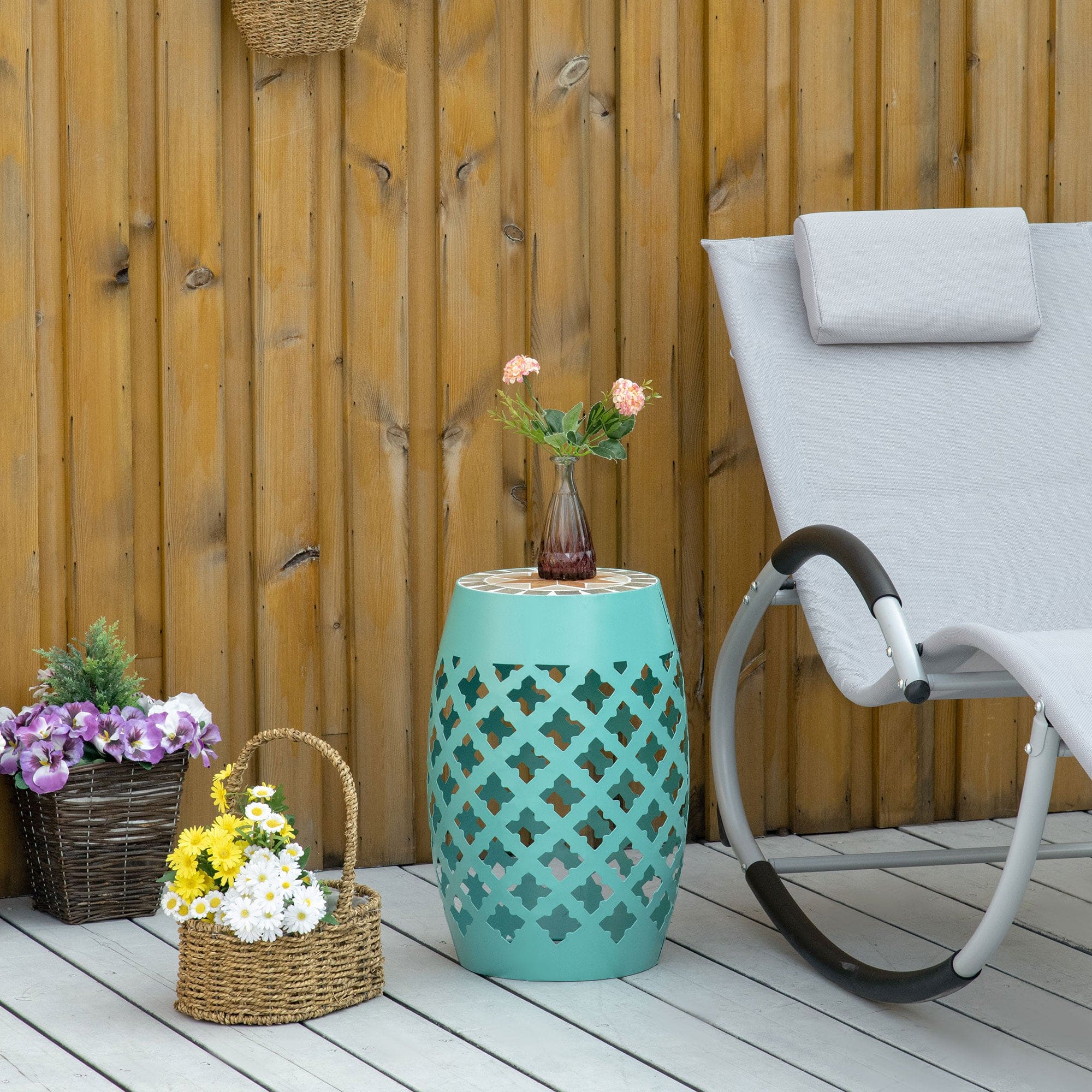 Outsunny 12" Patio Round Side Table, Outdoor Footstool, Garden Mosaic Accent Side Table, Plant Stand, Blue