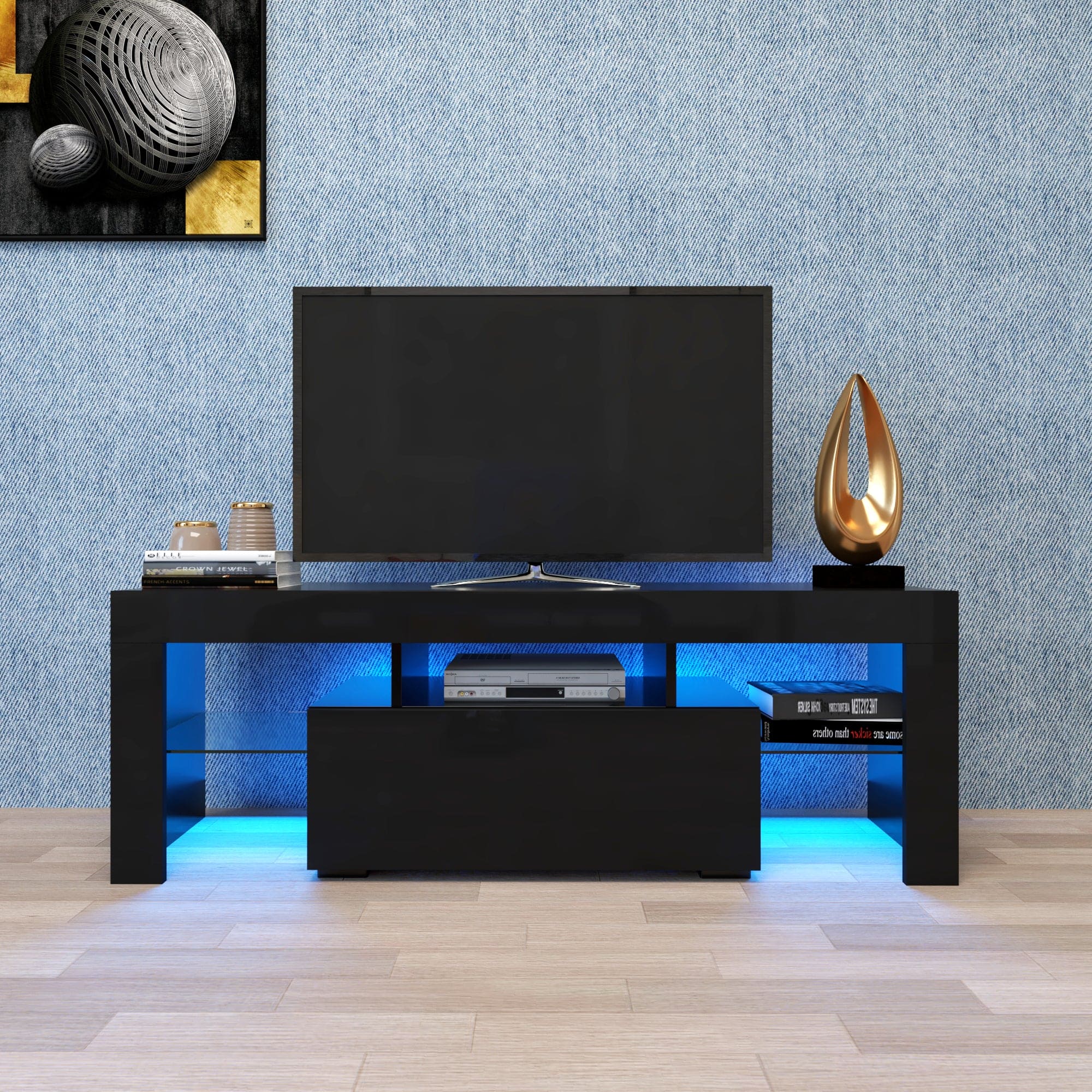 Black TV Stand with LED RGB Lights,Flat Screen TV Cabinet, Gaming Consoles - in Lounge Room, Living Room and Bedroom(Black)