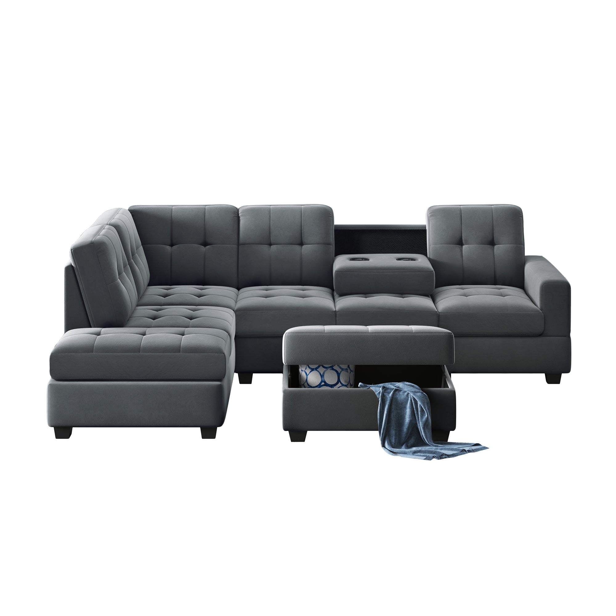 Orisfur. Sectional Sofa with Reversible Chaise Lounge, L-Shaped Couch with Storage Ottoman and Cup Holders