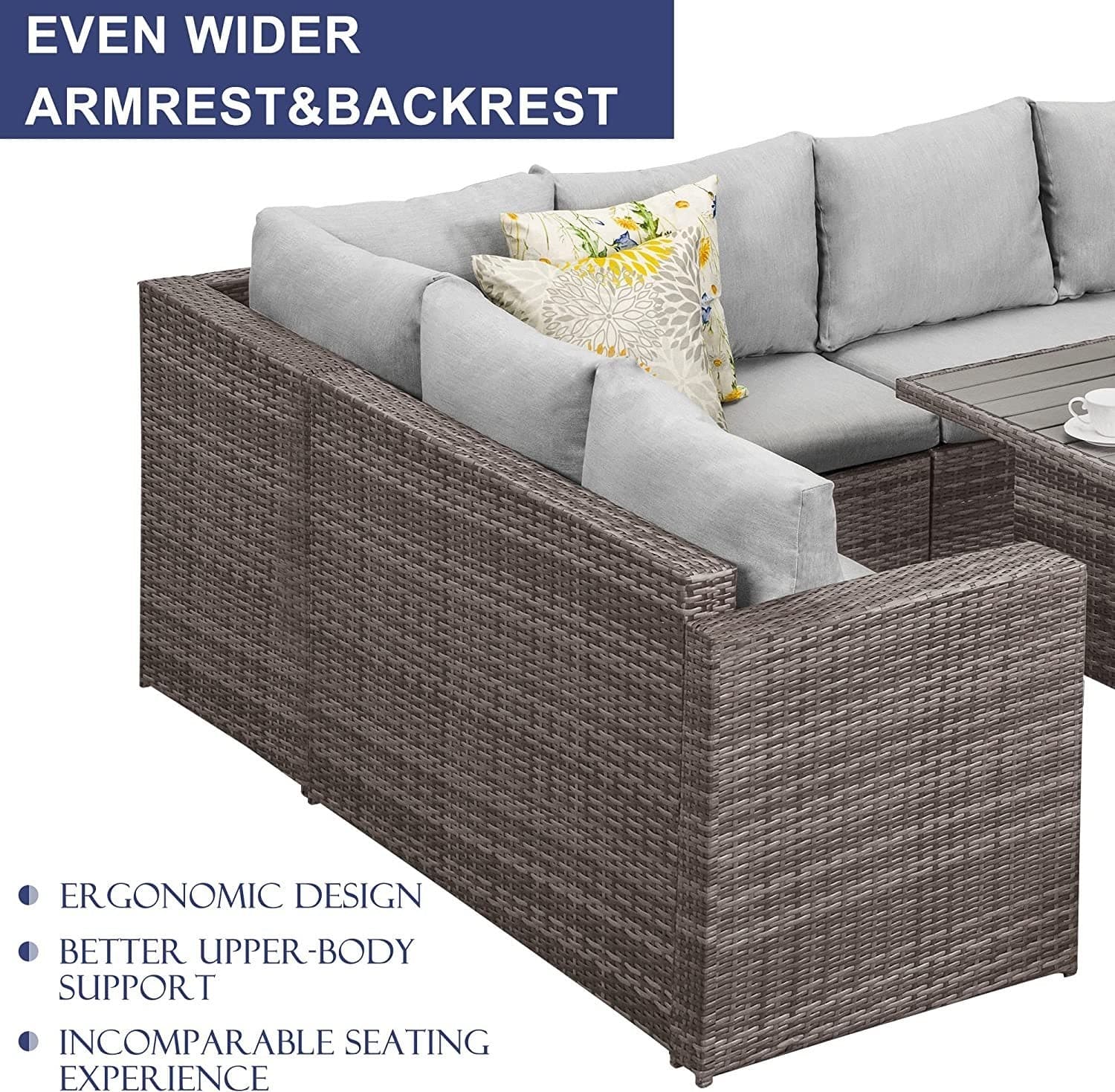 7-Pieces PE Rattan Wicker Patio Dining Sectional Cusions Sofa Set with Grey cushions