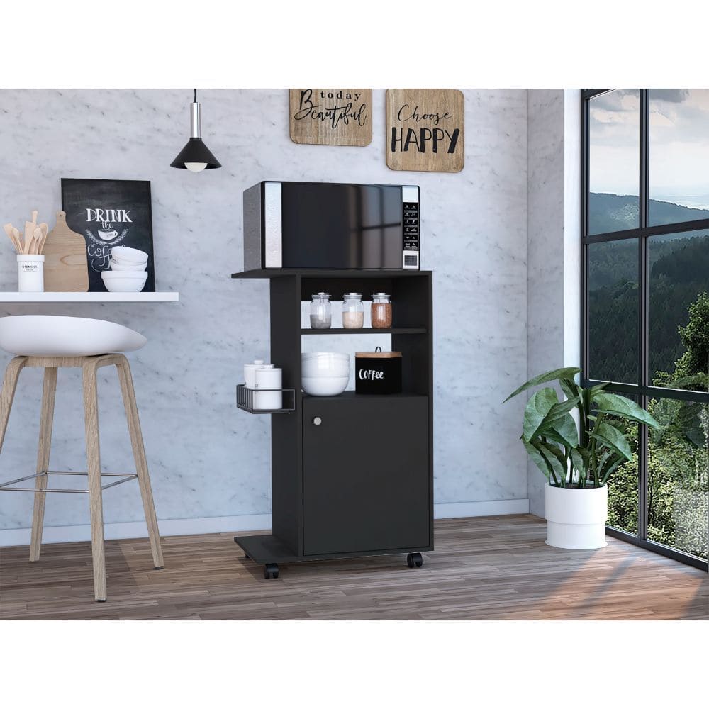 Kitchen Cart Kryot, Single Door Cabinet, Four Casters, Black Wengue Finish