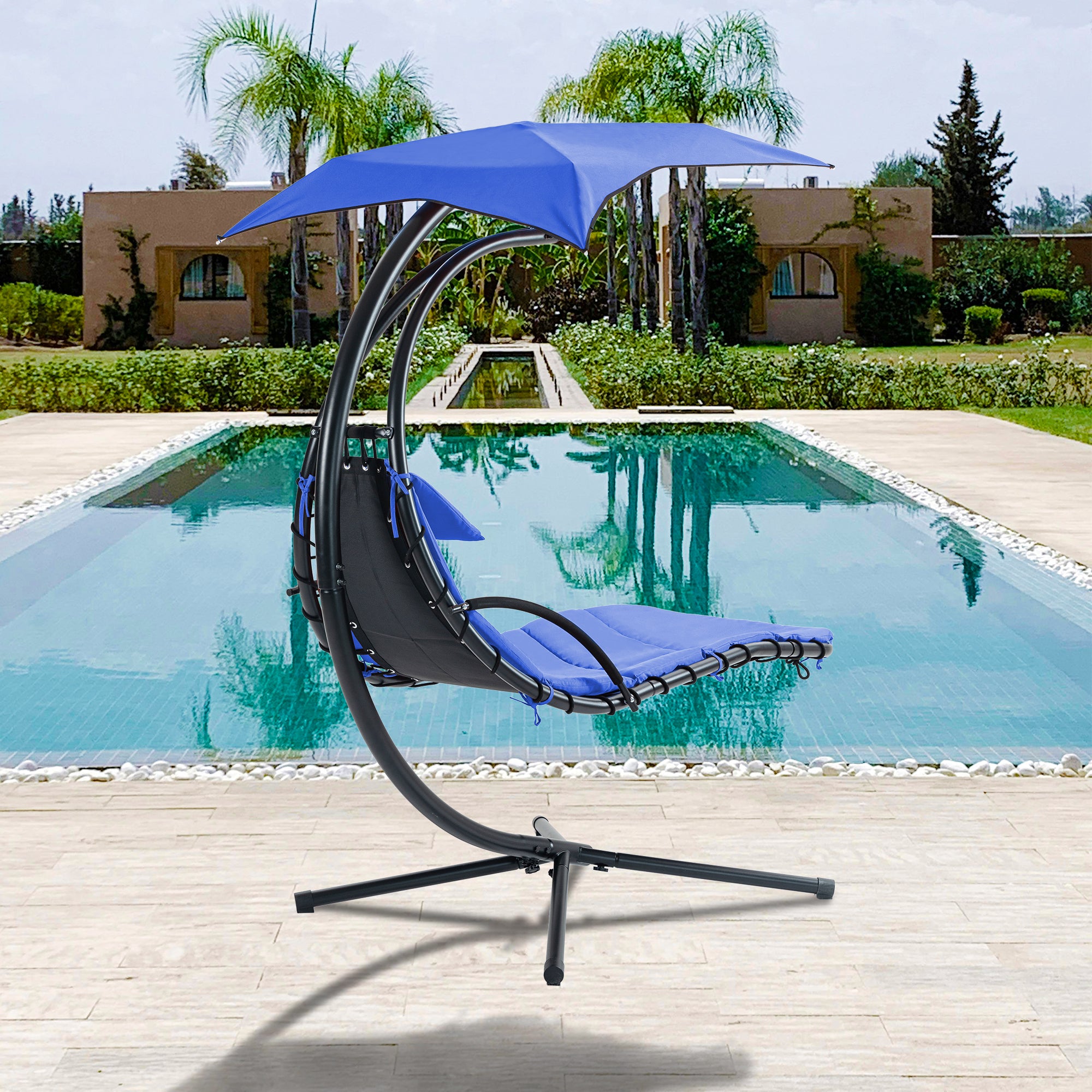 Hanging Chaise Lounger with Removable Canopy, Outdoor Swing Chair with Built-in Pillow, Hanging Curved Chaise Lounge Chair Swing for Patio Porch Poolside, Hammock Chair with Stand (Blue)