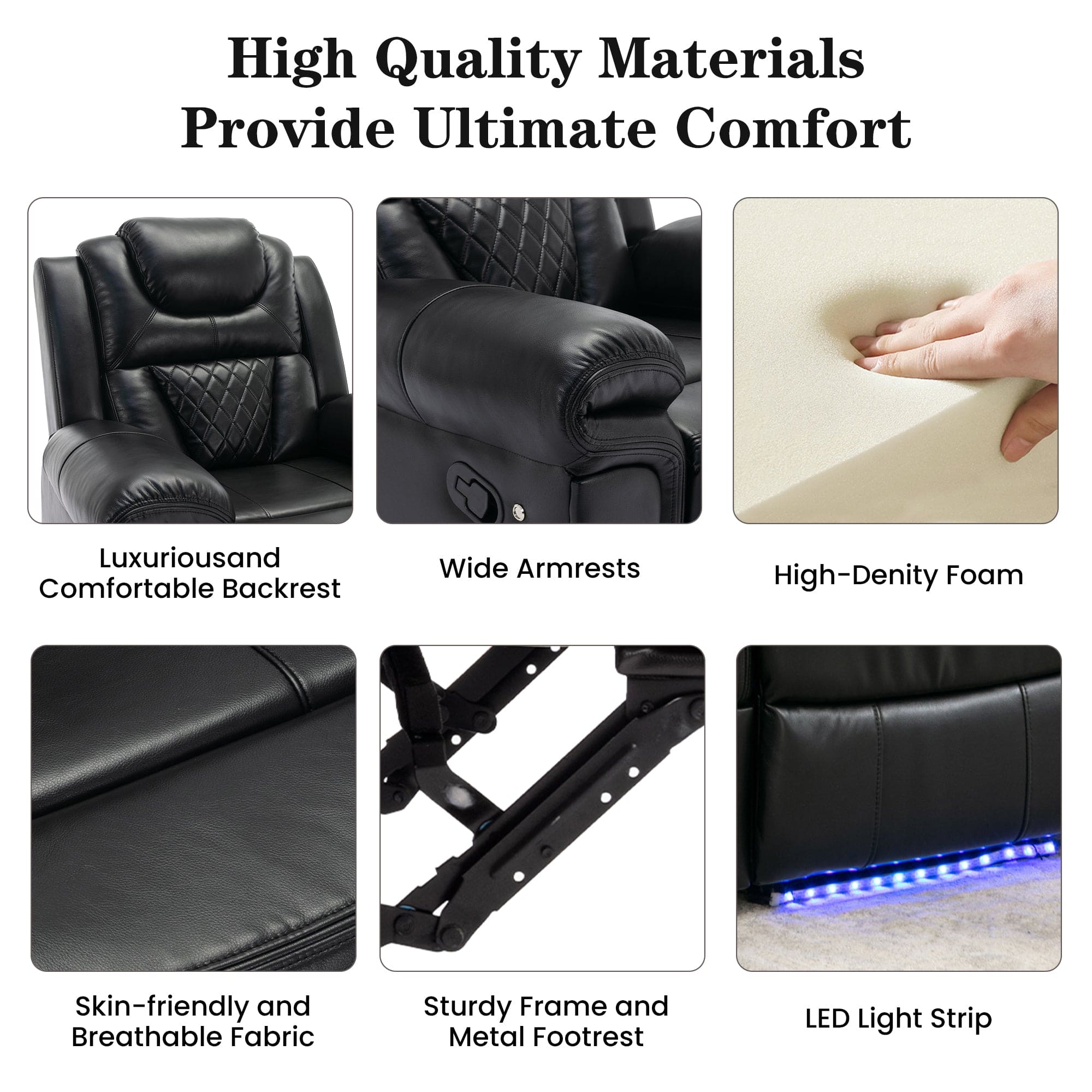 Home Theater Seating Manual Recliner Chair with LED Light Strip for Living Room,Bedroom, Black