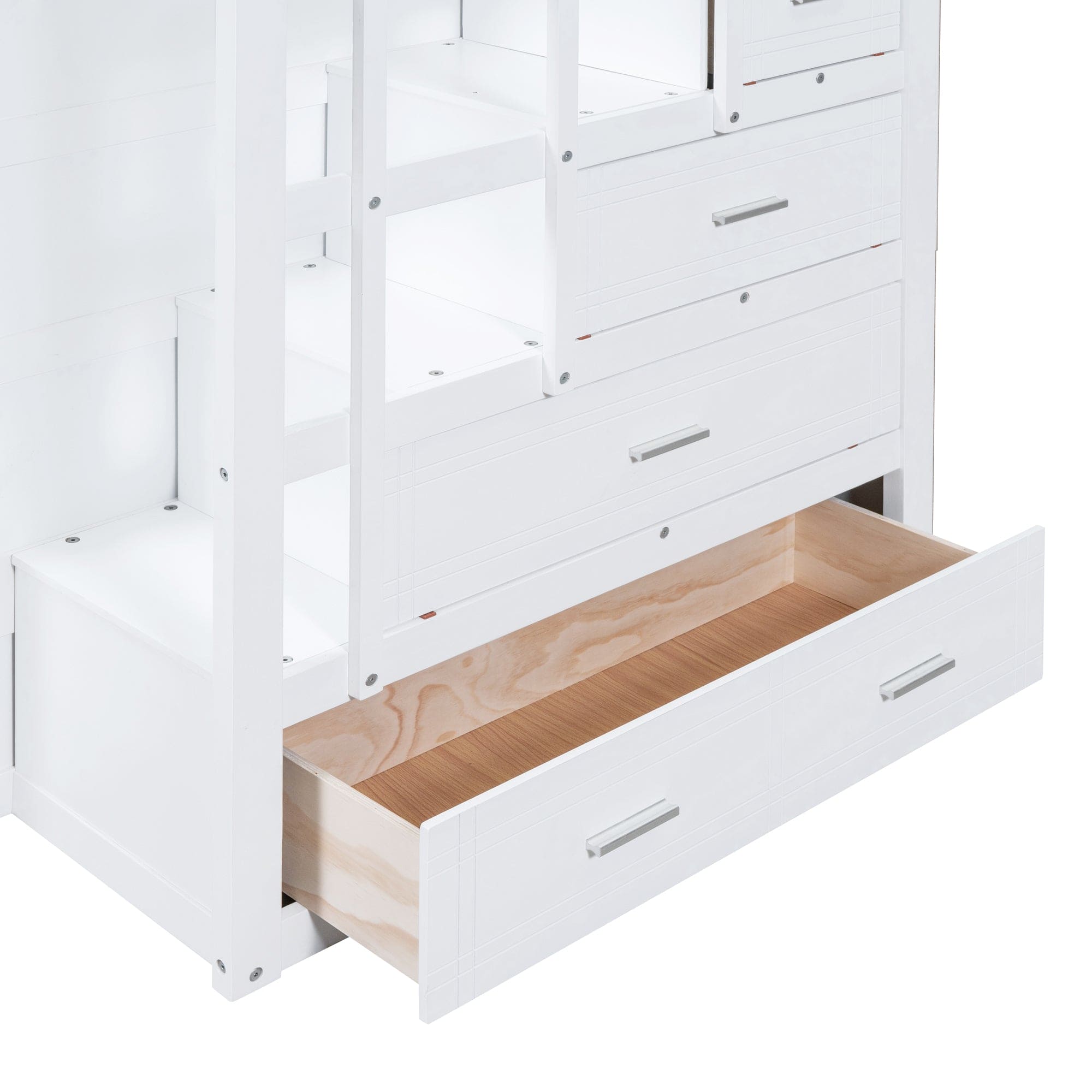 Full Over Full Bunk Bed with Twin Size Trundle and Staircase, White