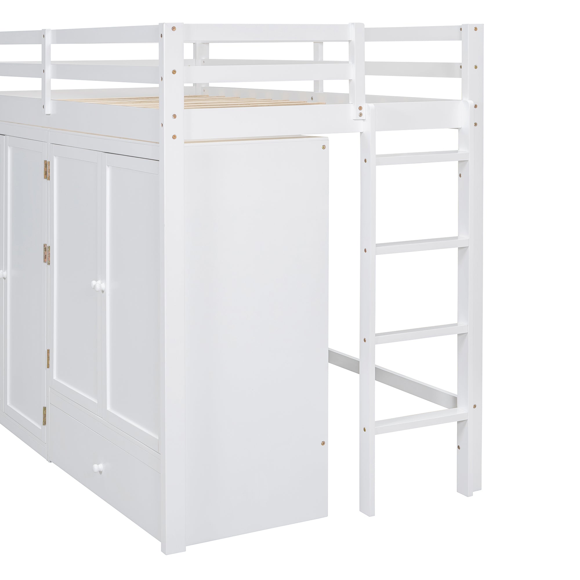 Twin size Loft Bed with Drawer, Two Wardrobes and Mirror, White