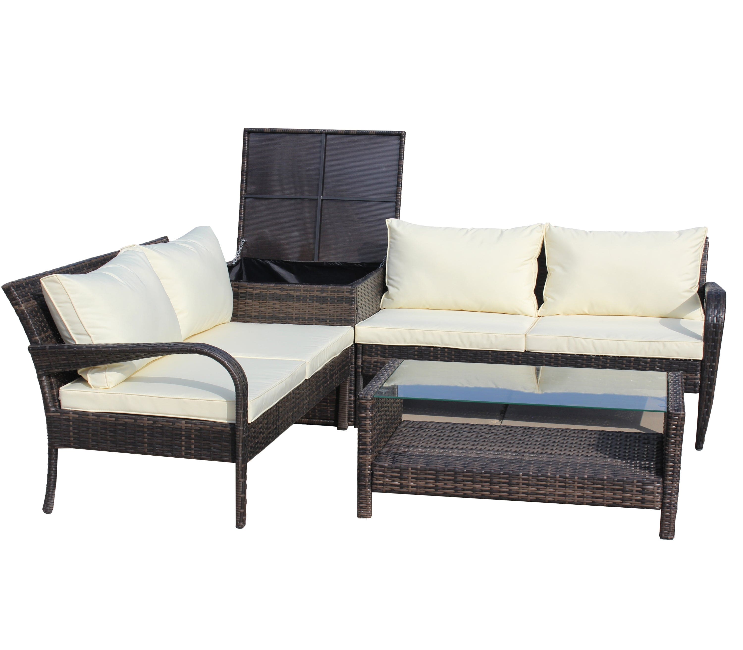 4 Piece Patio Sectional Wicker Rattan Outdoor Furniture Sofa Set with Storage Box Brown