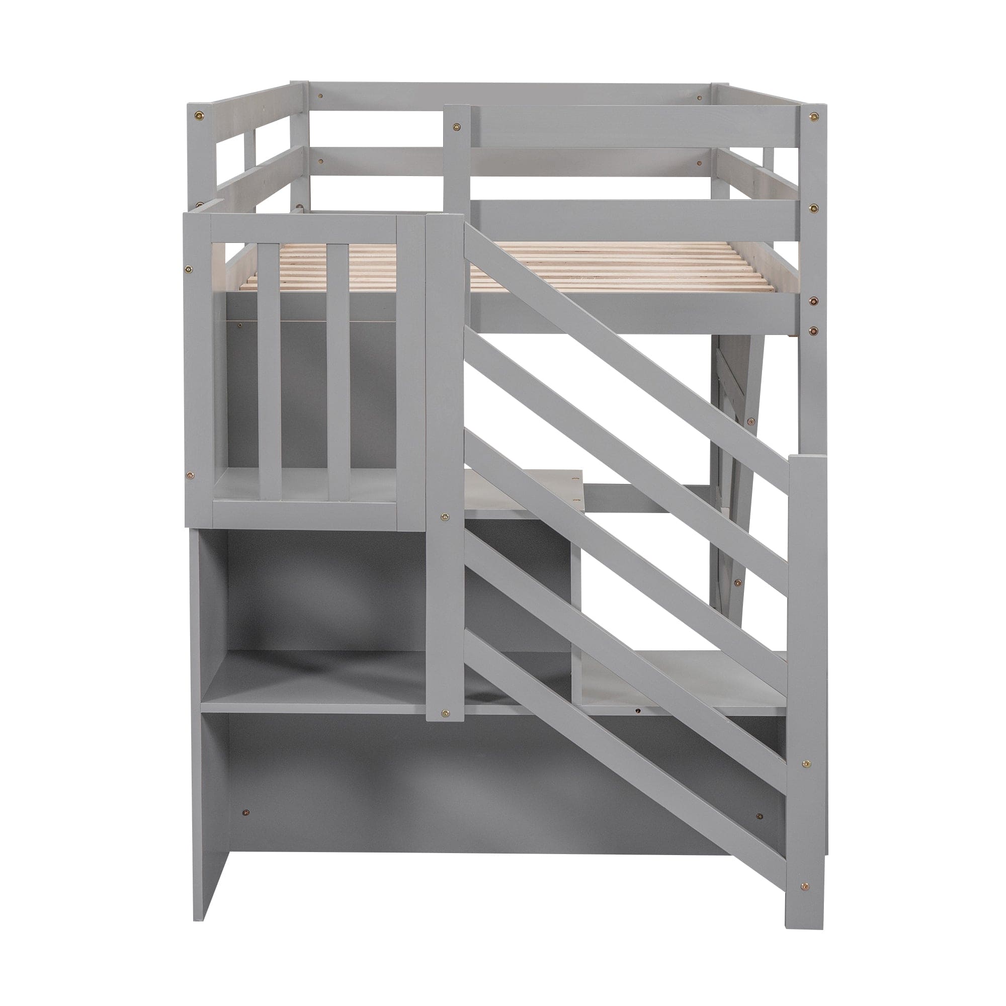 Twin Size Loft Bed with Storage Staircase and Window, Gray