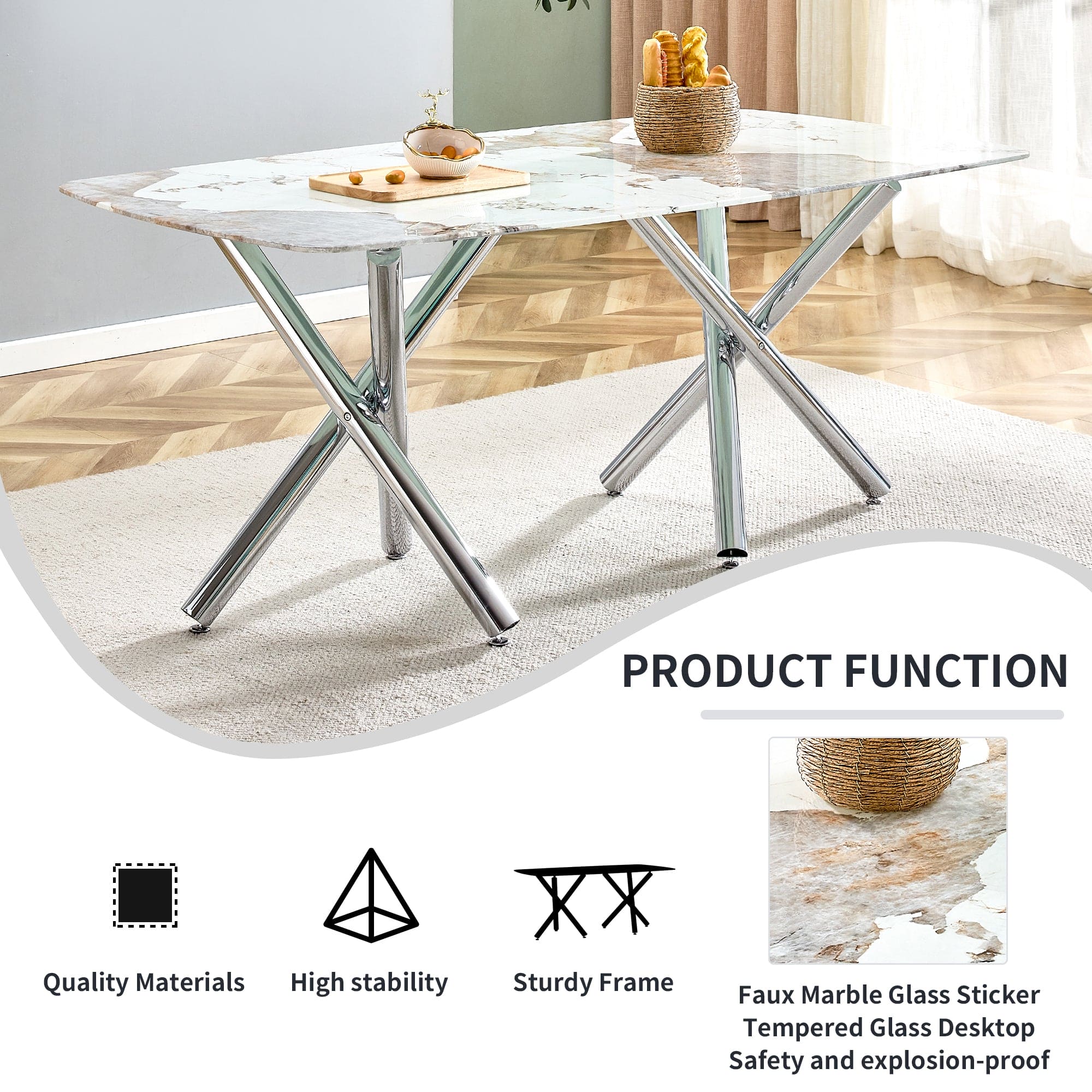 Large modern minimalist rectangular dining table suitable for 6-8 people, equipped with a 0.39 "imitation marble tabletop and metal legs,for Kitchen Dining Living Meeting Room Banquet hall,71"x 40"x30