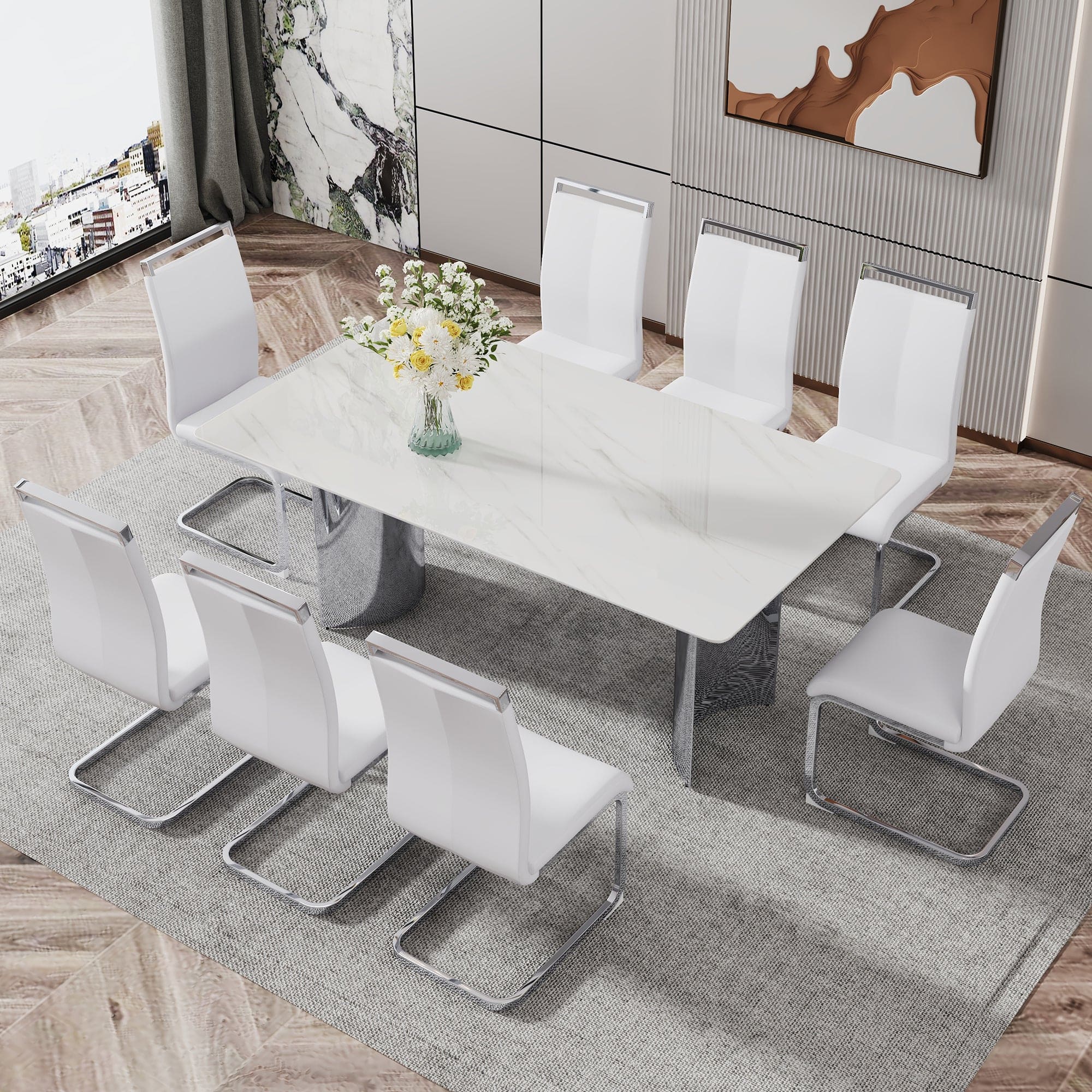 Modern minimalist dining table. The white imitation marble glass desktop is equipped with silver metal legs. Suitable for restaurants and living rooms  71" *39.3" *29.5"  DT-69