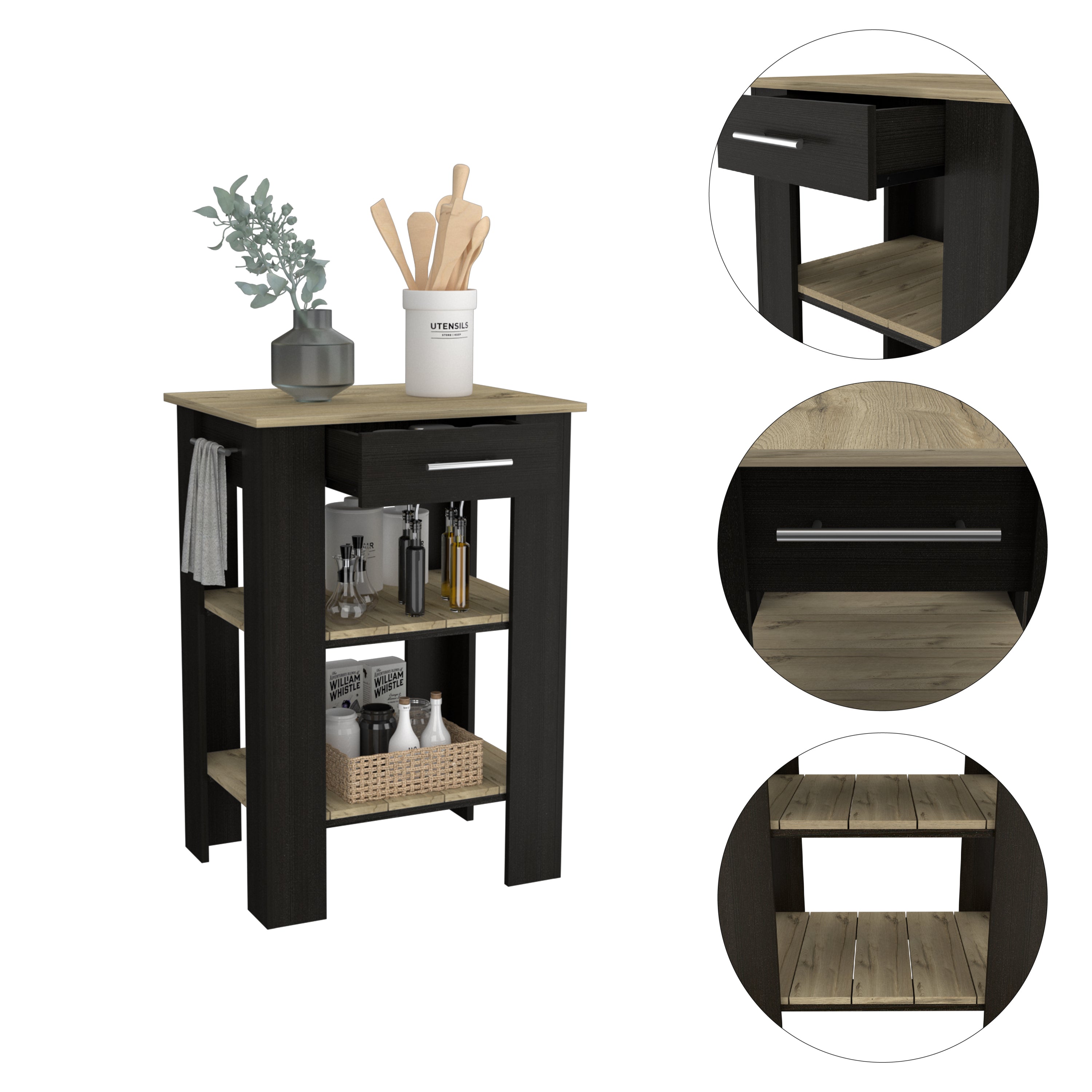 Rockaway 1-Drawer 2-Shelf Kitchen Island Black Wengue and Light Oak