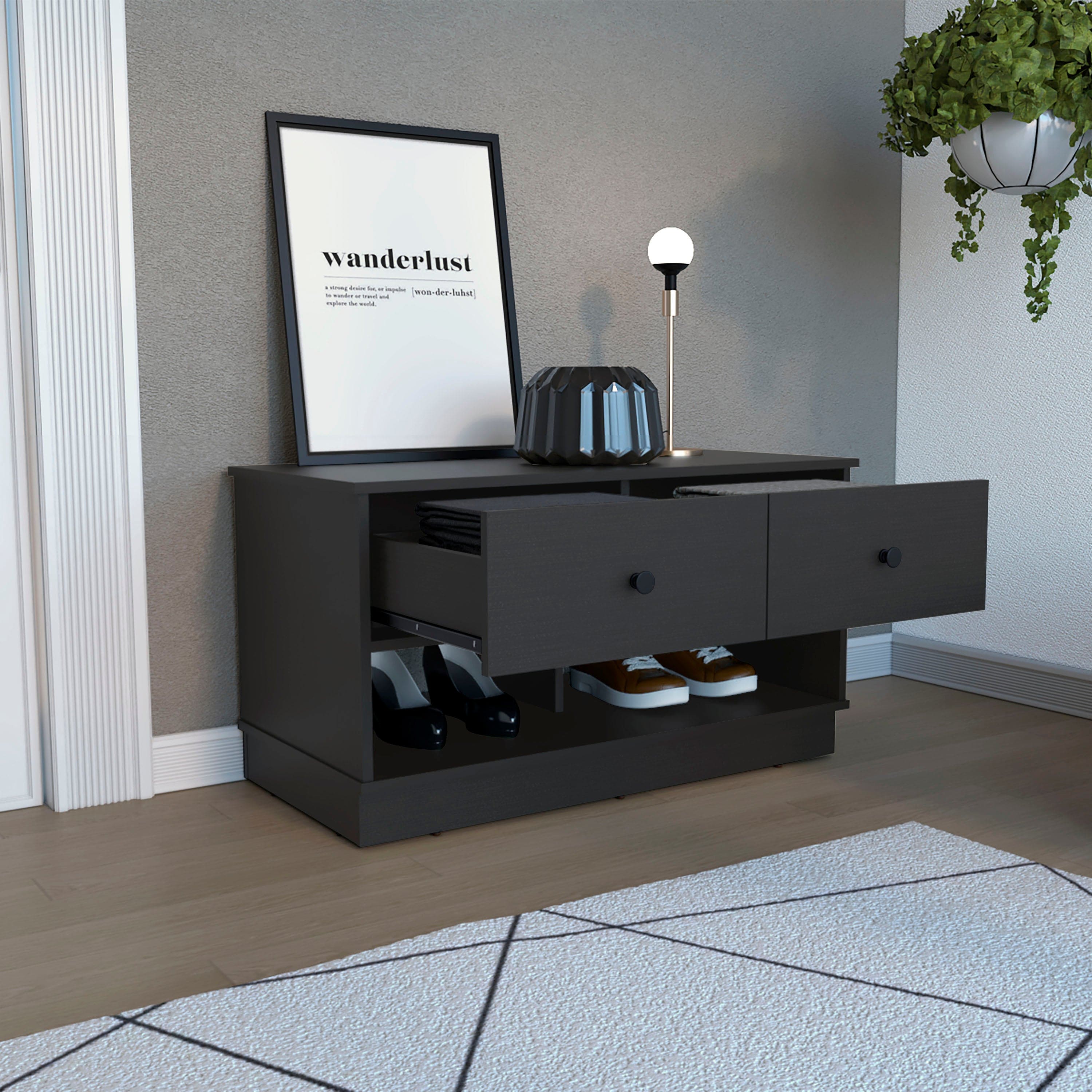 Storage Bench Beji, Lower Shelf, Two Drawers, Black Wengue Finish