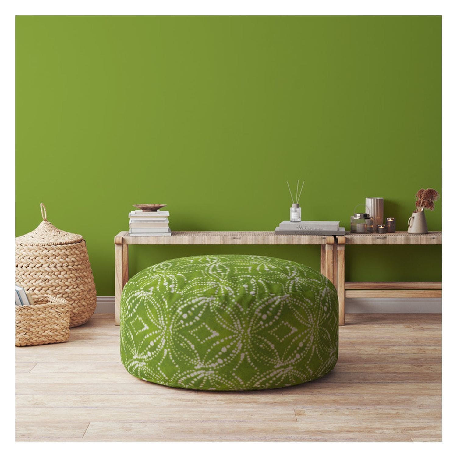 Indoor RIGEL Green Round Zipper Pouf - Stuffed - Extra Beads Included! - 24in dia x 20in tall