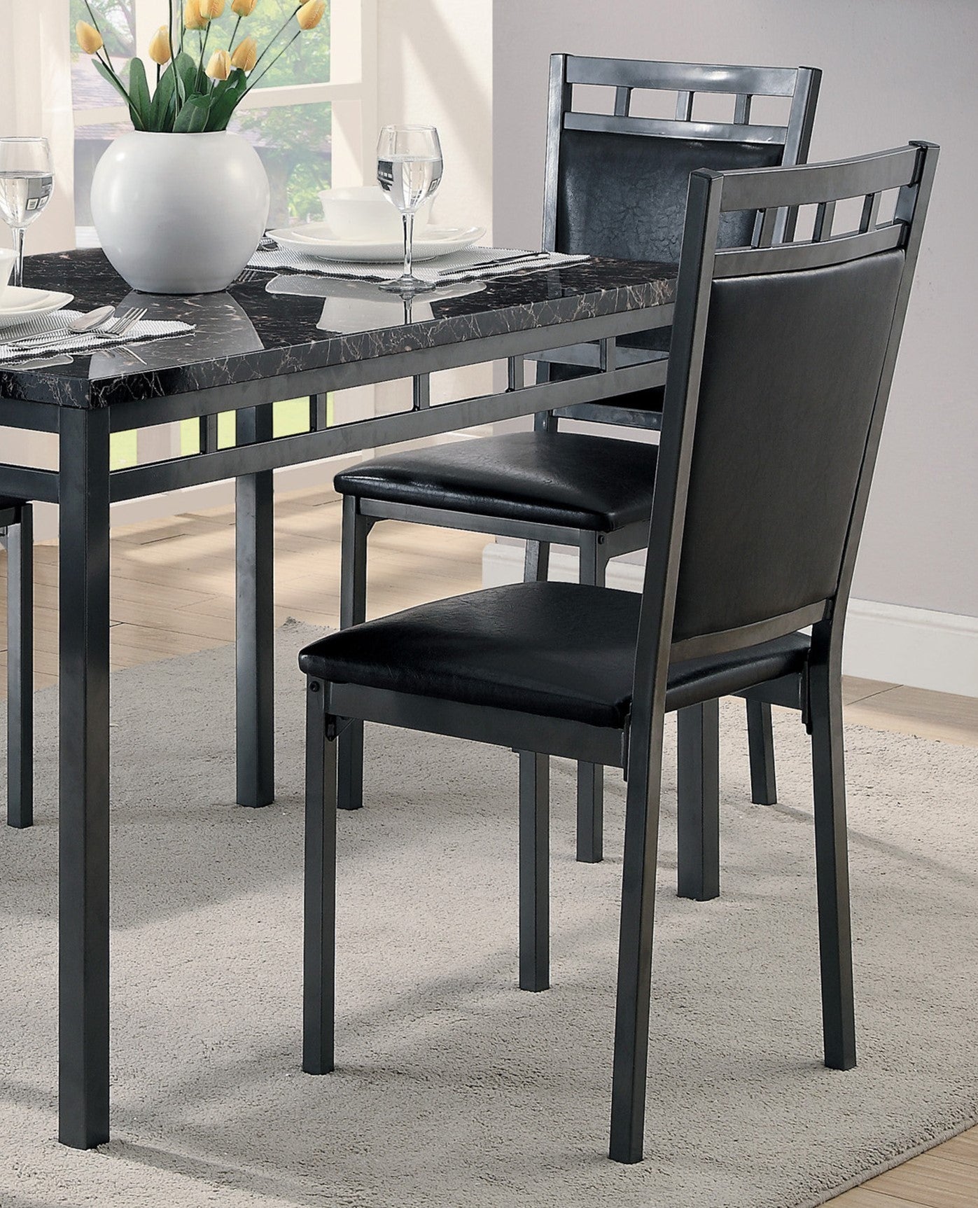 Black Finish 5pc Dinette Set Faux Marble Top Table and 4x Side Chairs Faux Leather Upholstered Metal Frame Casual Dining Room Furniture