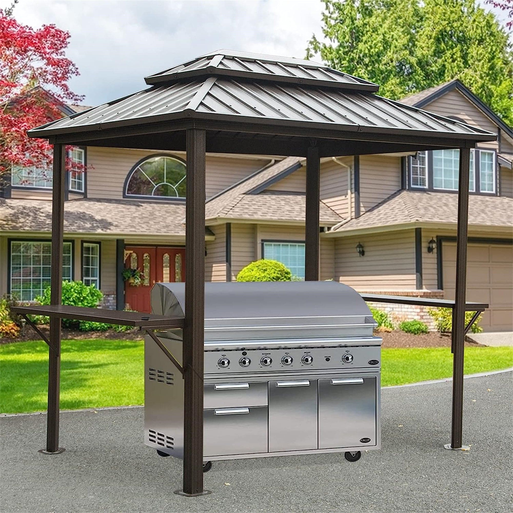 Grill Gazebo 8' × 6', Aluminum BBQ Gazebo Outdoor Metal Frame with Shelves Serving Tables, Permanent Double Roof Hard top Gazebos for Patio Lawn Deck Backyard and Garden (Brown)