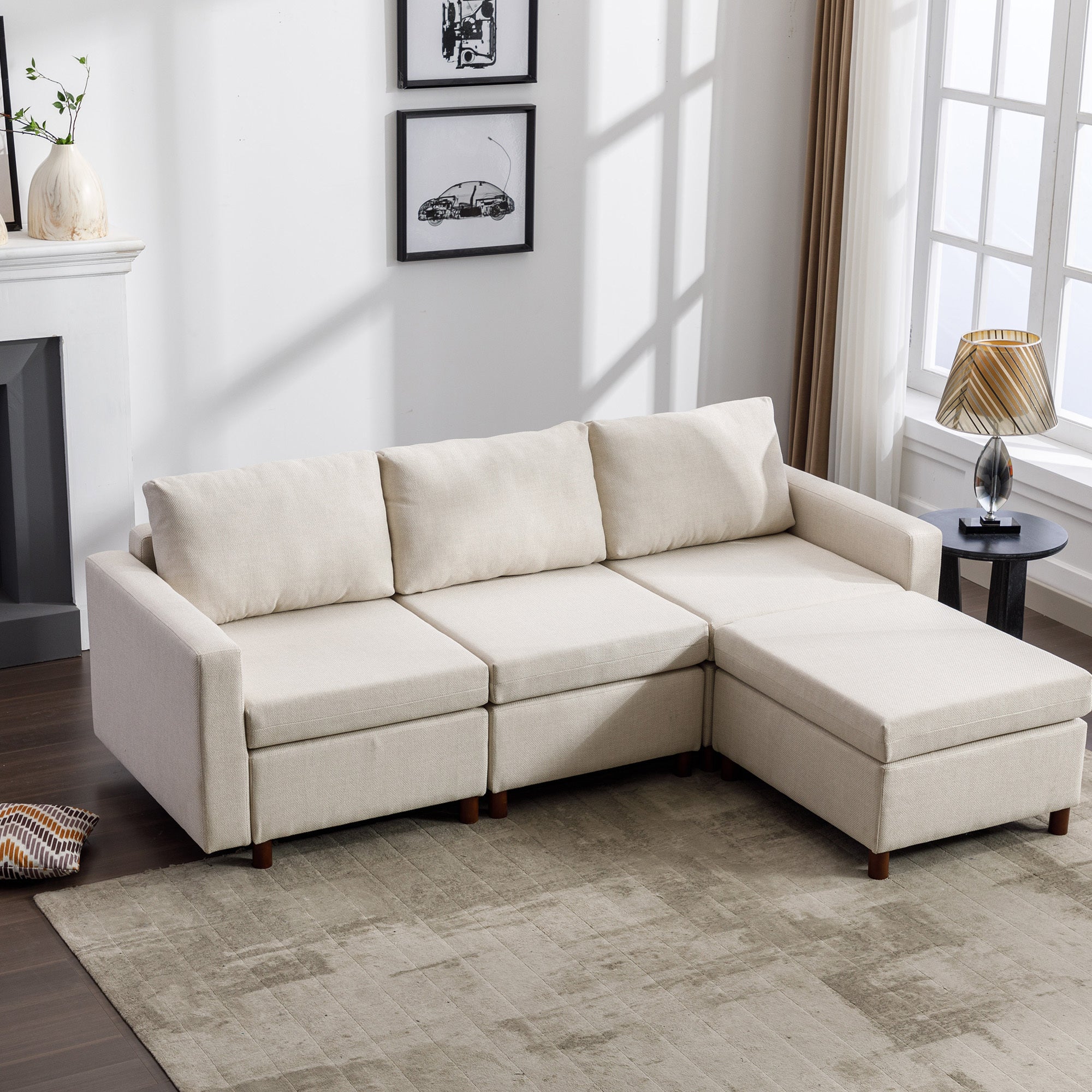 3 Seat Module Sectional Sofa Couch With 1 Ottoman for living room,Seat Cushion and Back Cushion Non-Removable and Non-Washable,Cream