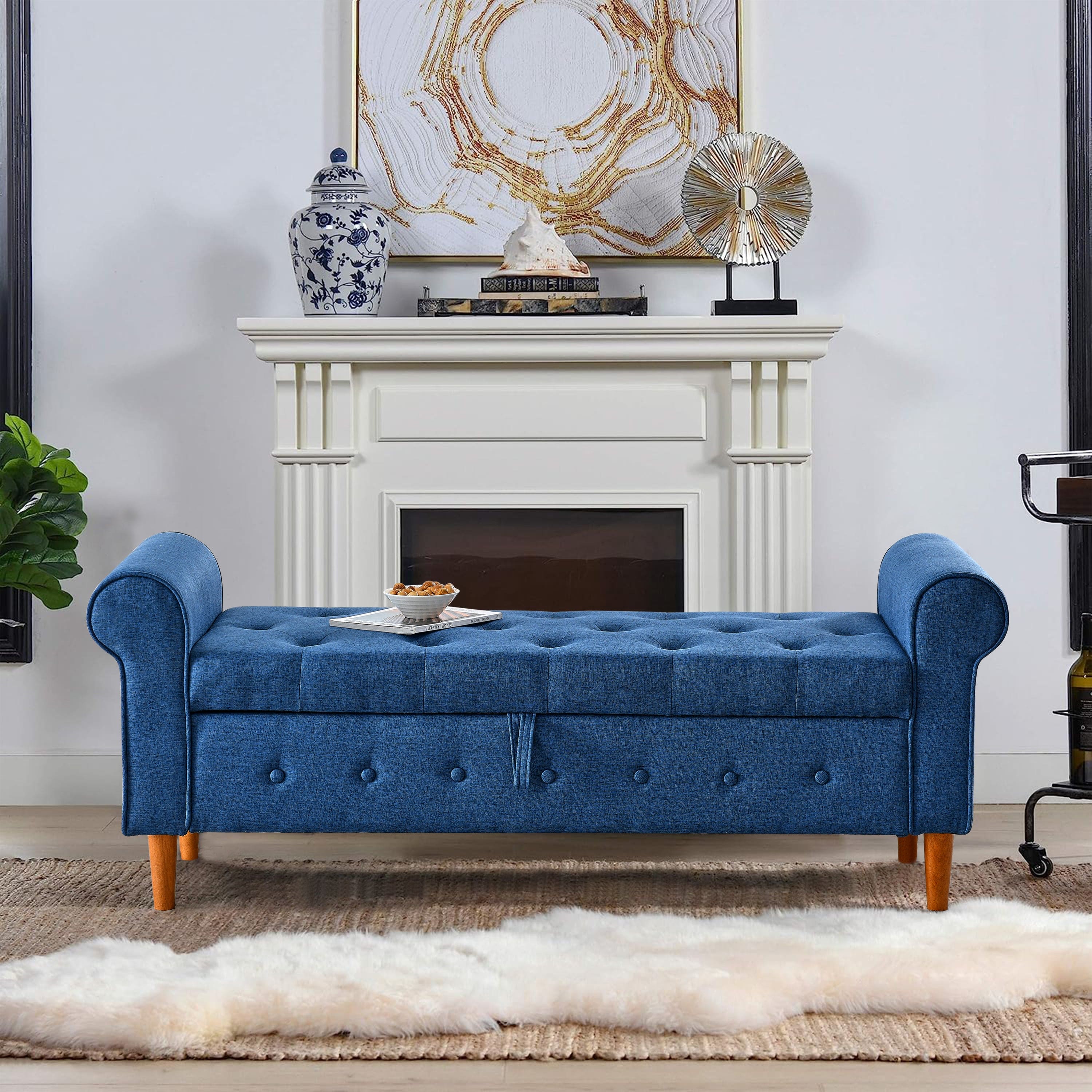 62" Bedroom Tufted Button Storage Bench, Linen Upholstered Ottoman, Window Bench, Rolled Arm Design for Bedroom, Living Room, Foyer (Blue)