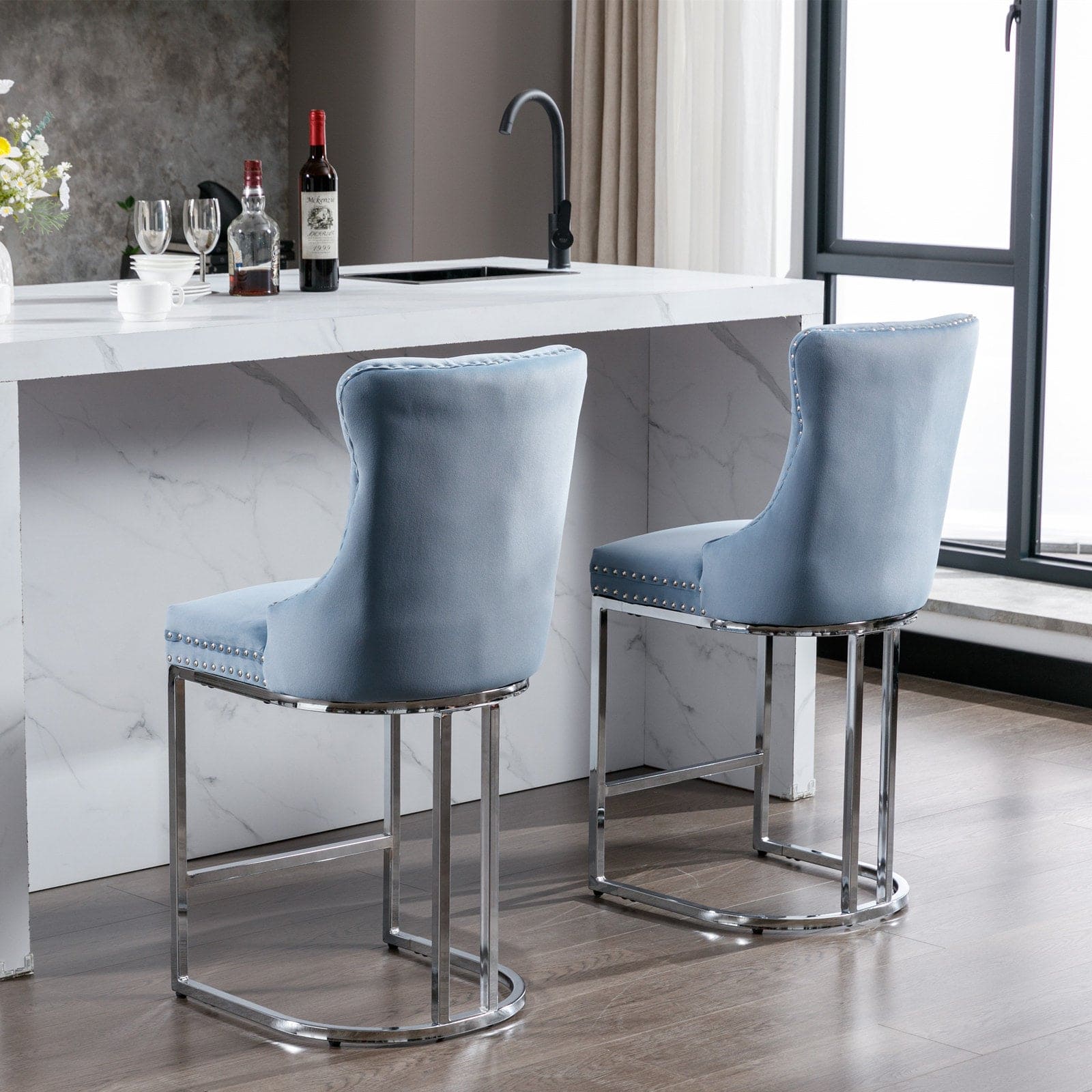 26" Counter Height Bar Stools Set of 2, Modern Velvet Barstools with Button Back&Rivet Trim Upholstered Kitchen Island Chairs with Sturdy Chromed Metal Base Legs Farmhouse Bar Stools,Light Blue,2 Pack