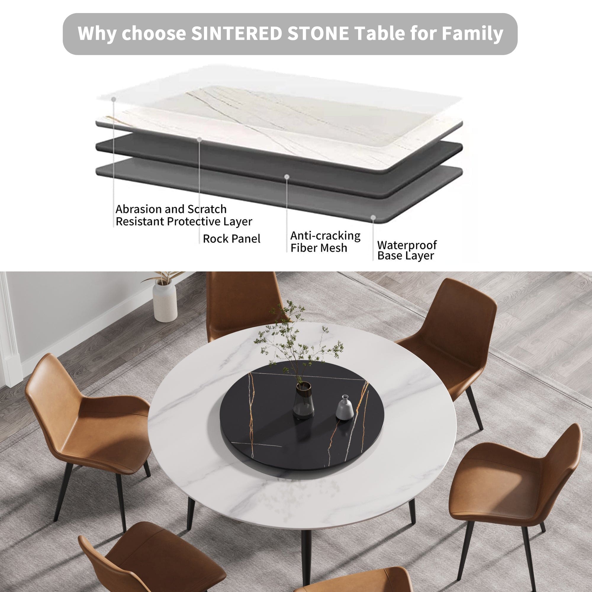 59.05"Modern artificial stone round black metal dining table-can accommodate 6 people-31.5"black artificial stone turntable