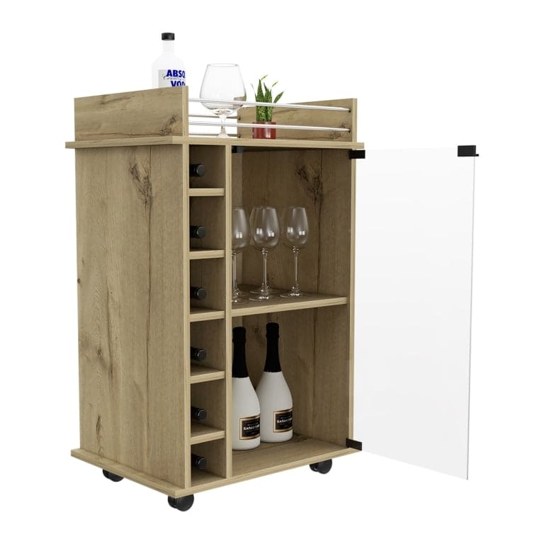 Bar Cart Baltimore, Two Tier Cabinet With Glass Door, Six Wine Cubbies, Light Oak Finish