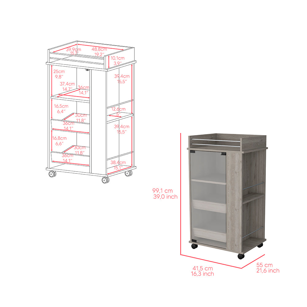 Bar Cart with Two-Side Shelves Beaver, Glass Door and Upper Surface, Light Gray Finish