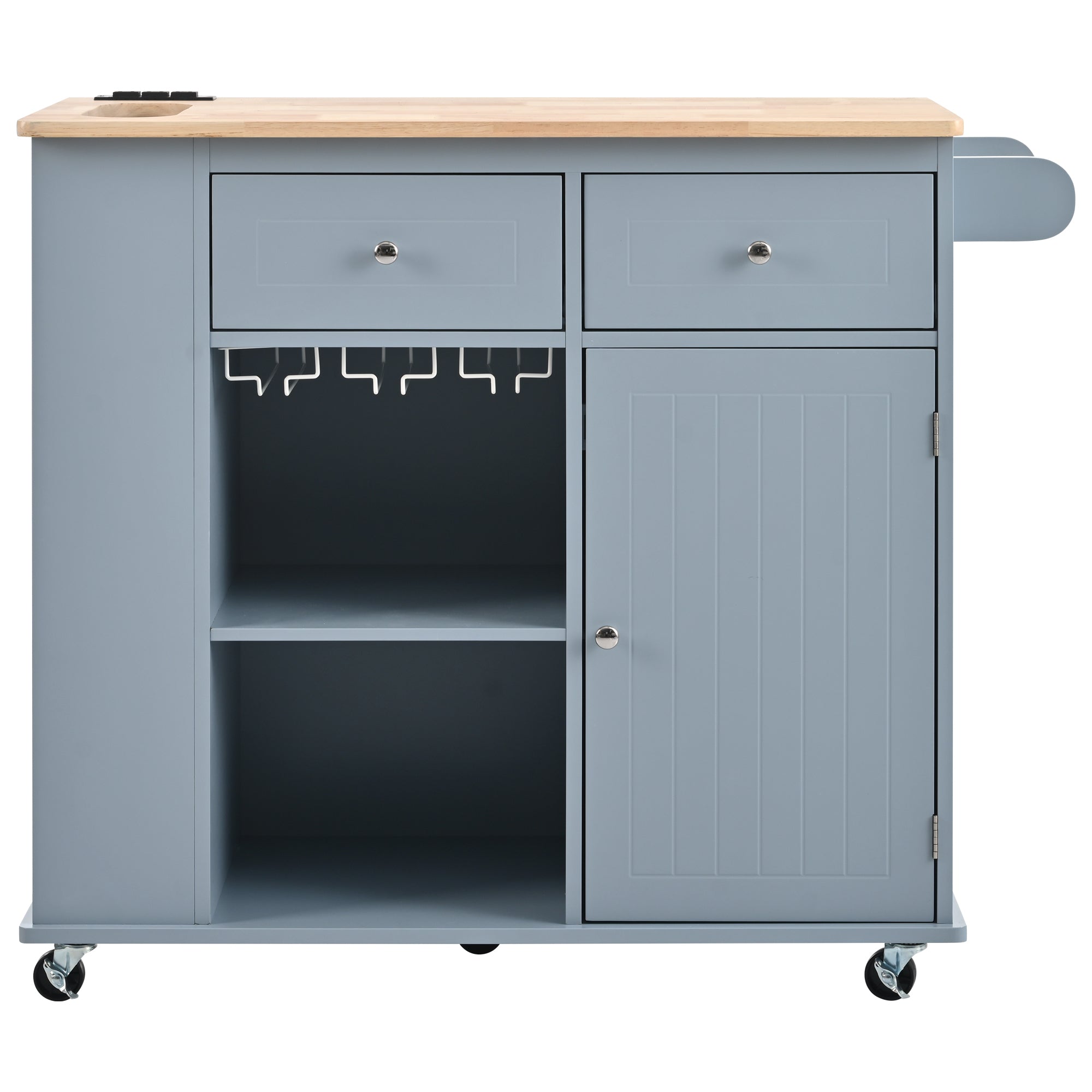 Kitchen Island with Power Outlet,Kitchen Storage Island with Drop Leaf and Rubber Wood,Open Storage and Wine Rack,5 Wheels,with Adjustable Storage for Home, Kitchen, and Dining Room, Grey Blue