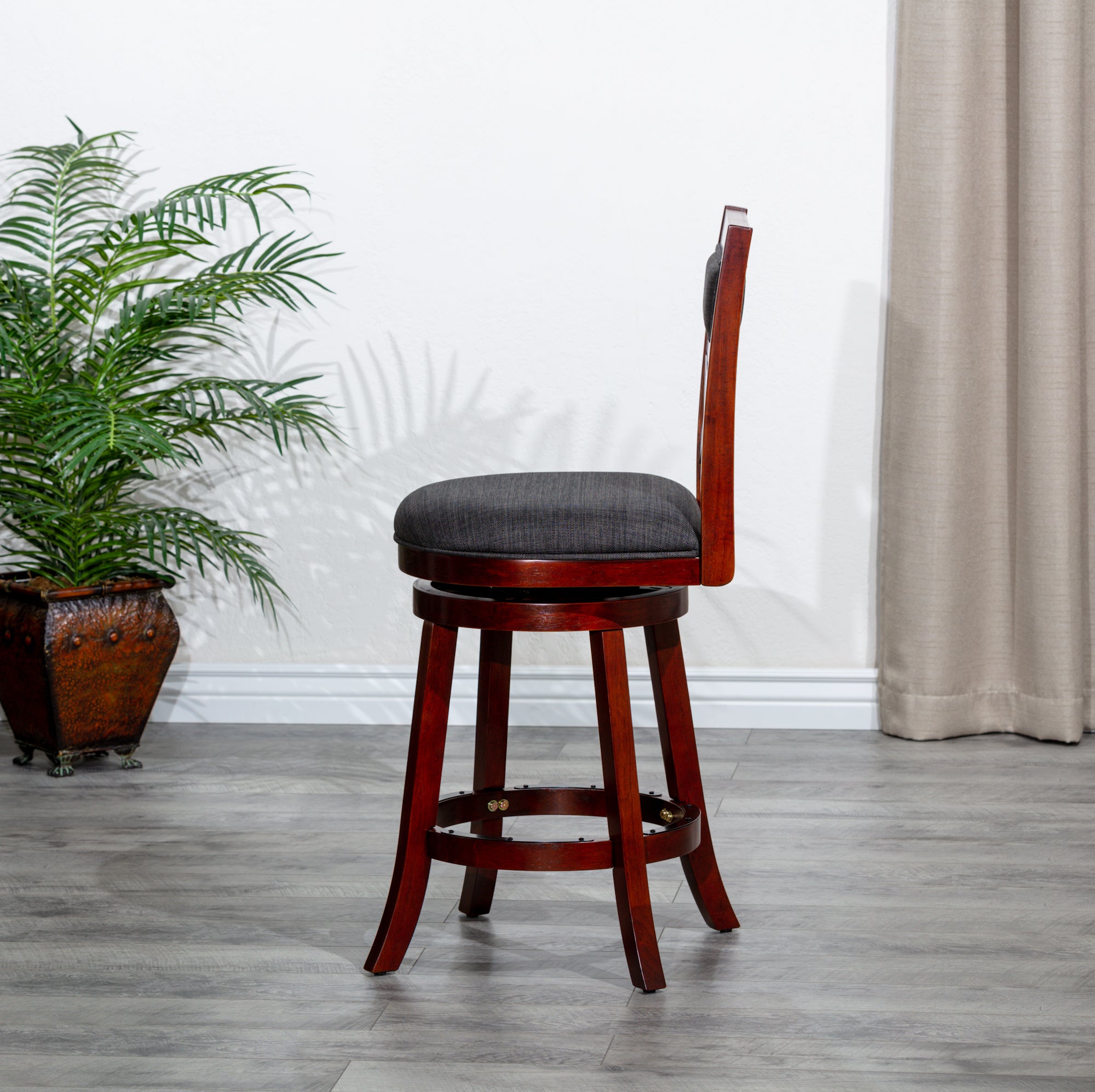 24" Counter Height X-Back Swivel Stool, Cherry Finish, Charcoal Fabric Seat