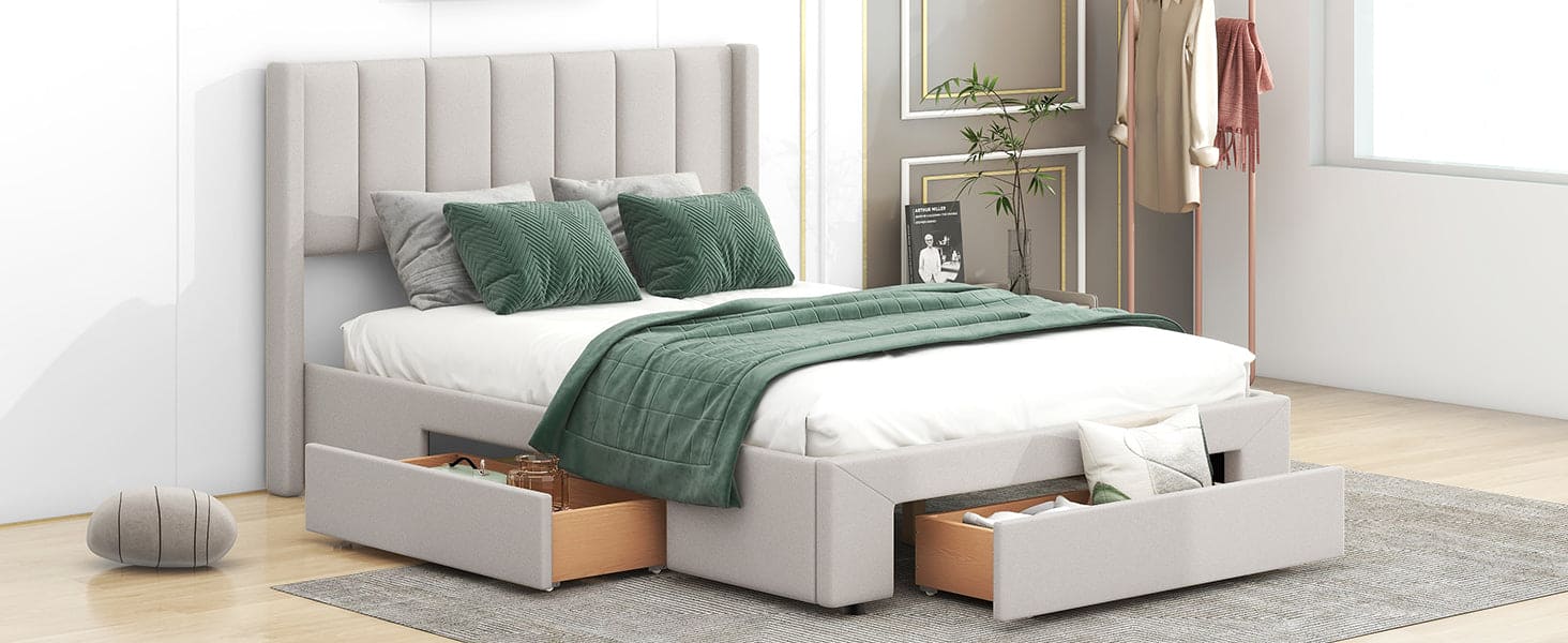 Full Size Upholstered Platform Bed with One Large Drawer in the Footboard and Drawer on Each Side,Beige