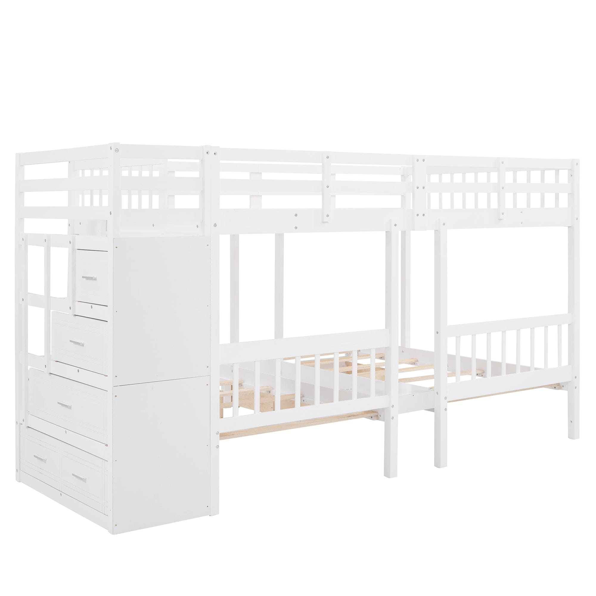 Full Over Twin & Twin Bunk Bed, Wood Triple Bunk Bed with Drawers and Guardrails (White)